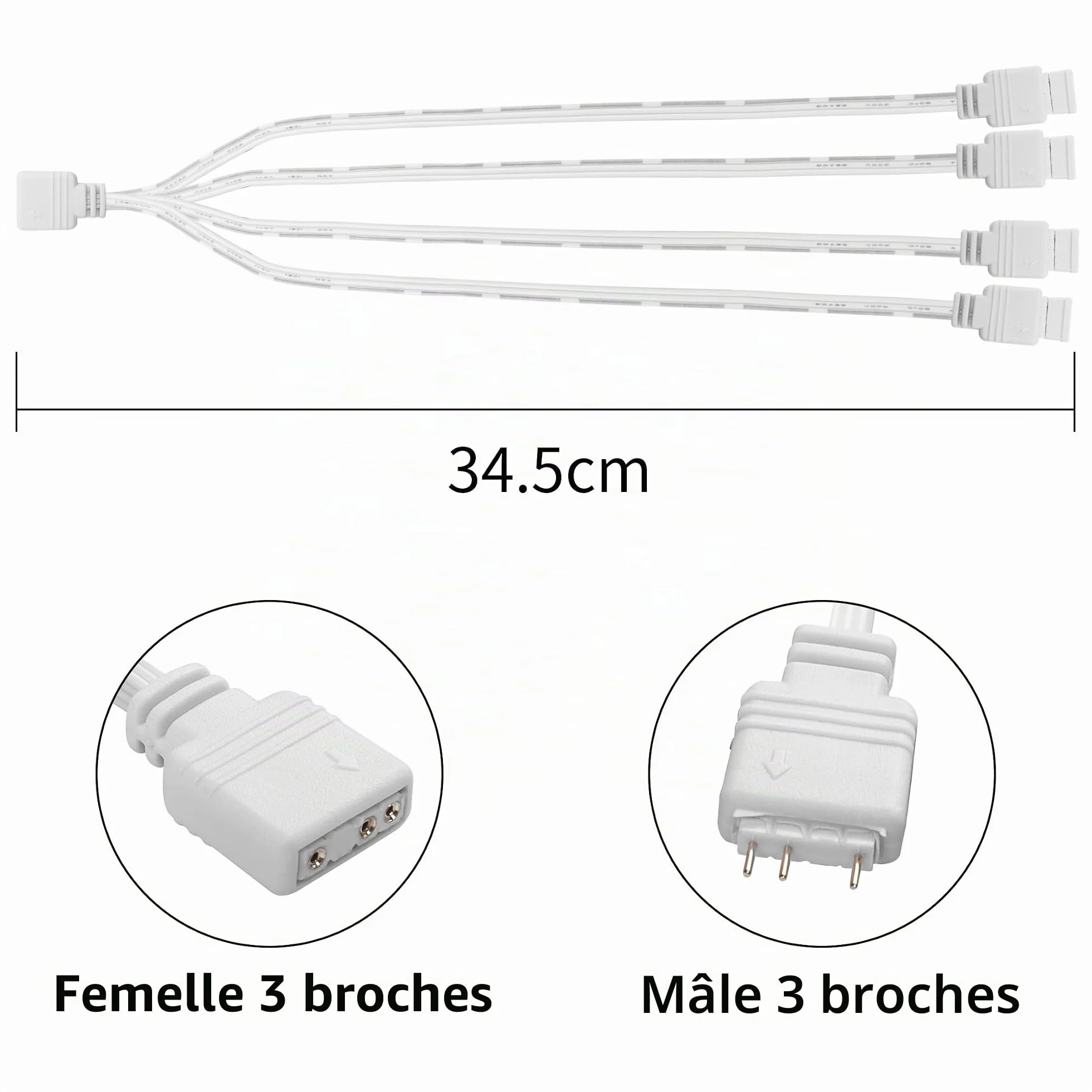 Câble répartiteur ARGB 5 V 1 femelle vers 4 mâles 3 broches pour ventilateur ordinateur blanc