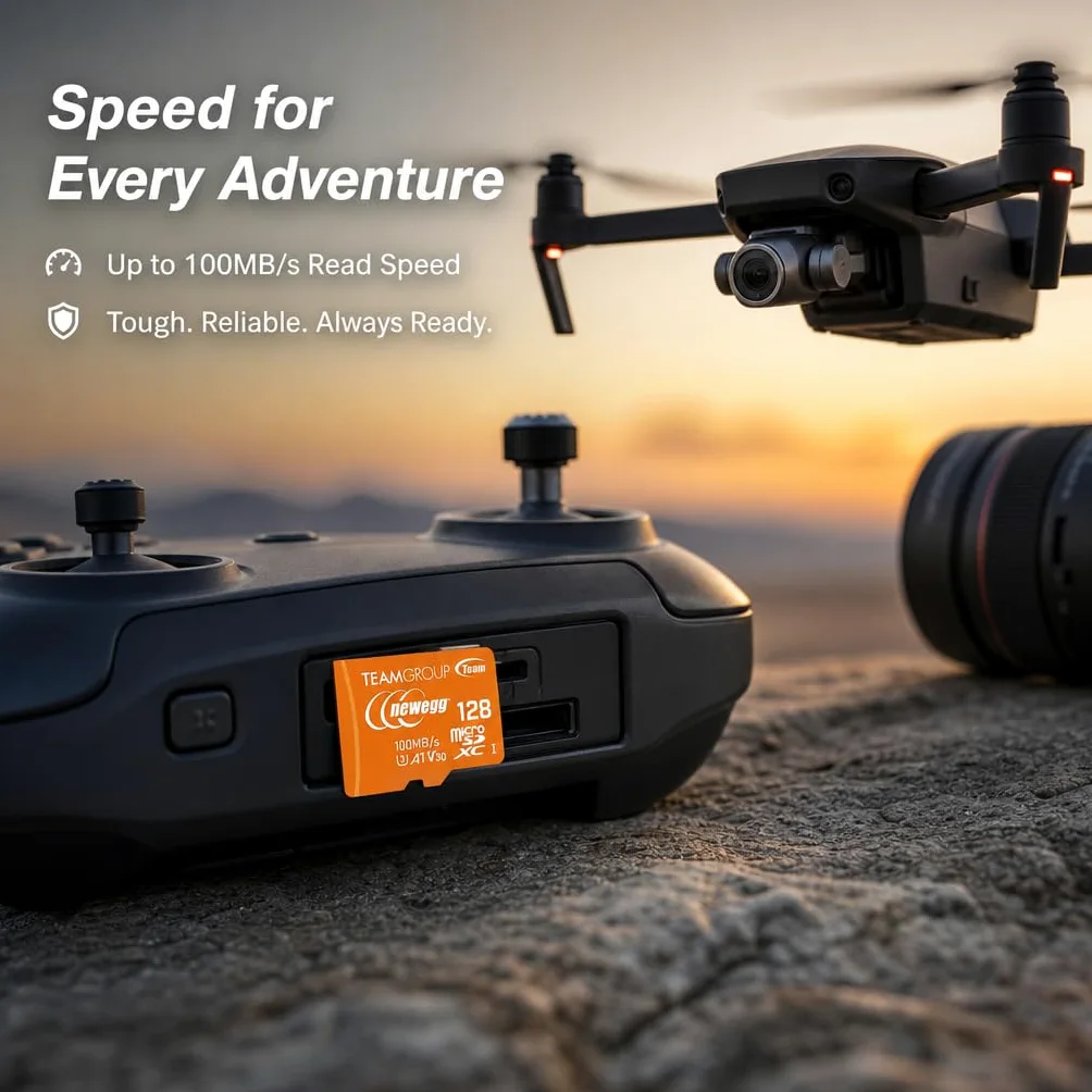 NEWEGG Carte microSDXC A1, vitesse de lecture jusqu'à 100 Mo/s, 128 Go pour appareils photo, drons et smartphones Android, 4K UHD U3 V30, TUSDX128GIV30A172