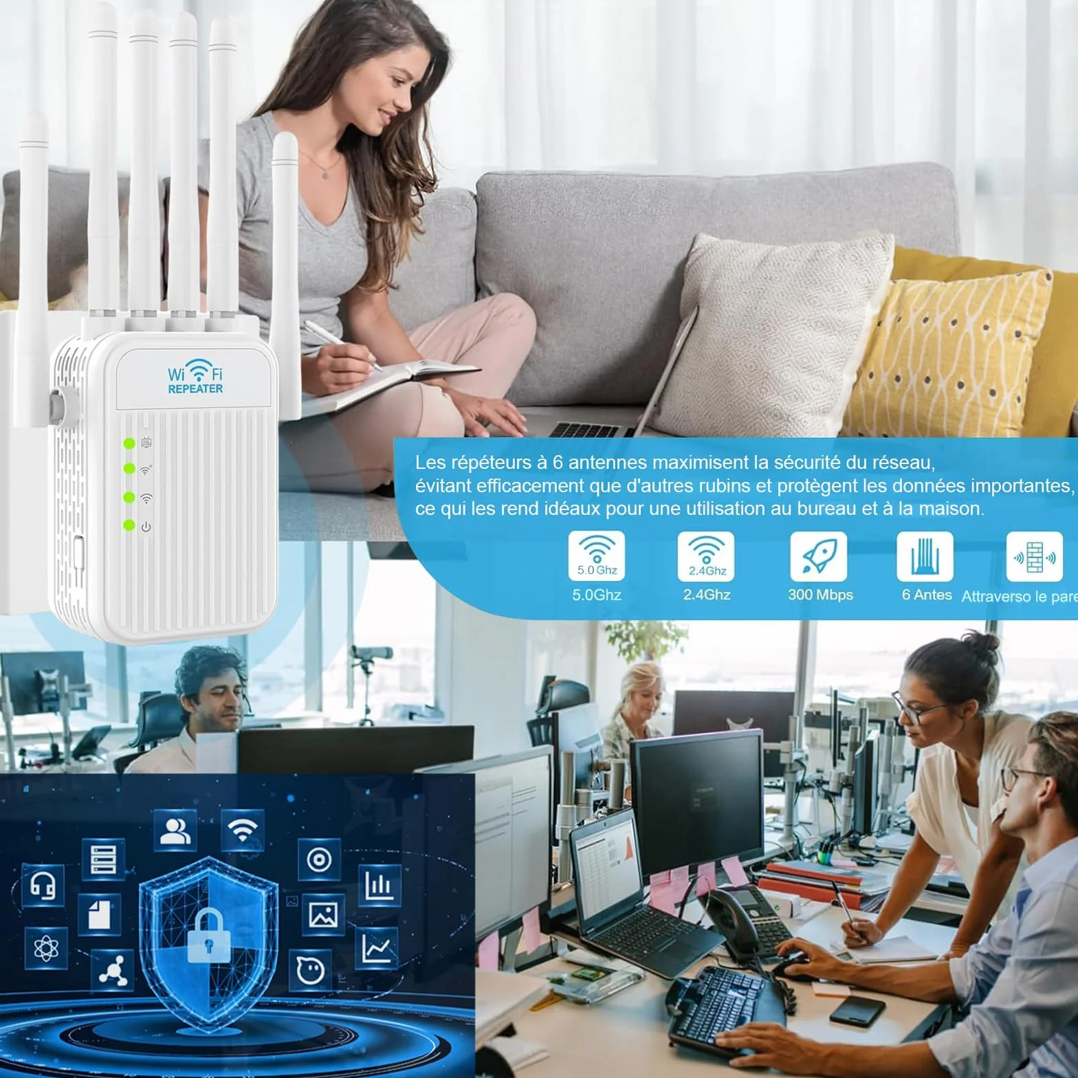 Répéteur WiFi 5G 2.4G Amplificateur de Signal 6 Antennes 1000 m² 2 Ports RJ45 LAN Mode Répéteur Routeur AP