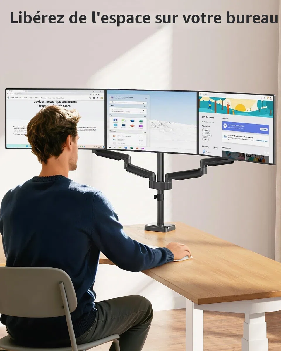 MOUNTUP Support triple moniteur – Support de bureau pour 3 écrans d'ordinateur jusqu'à 27", triple bras de moniteur, support robuste pour moniteurs, chaque bras peut supporter 2 à 9 kg, noir
