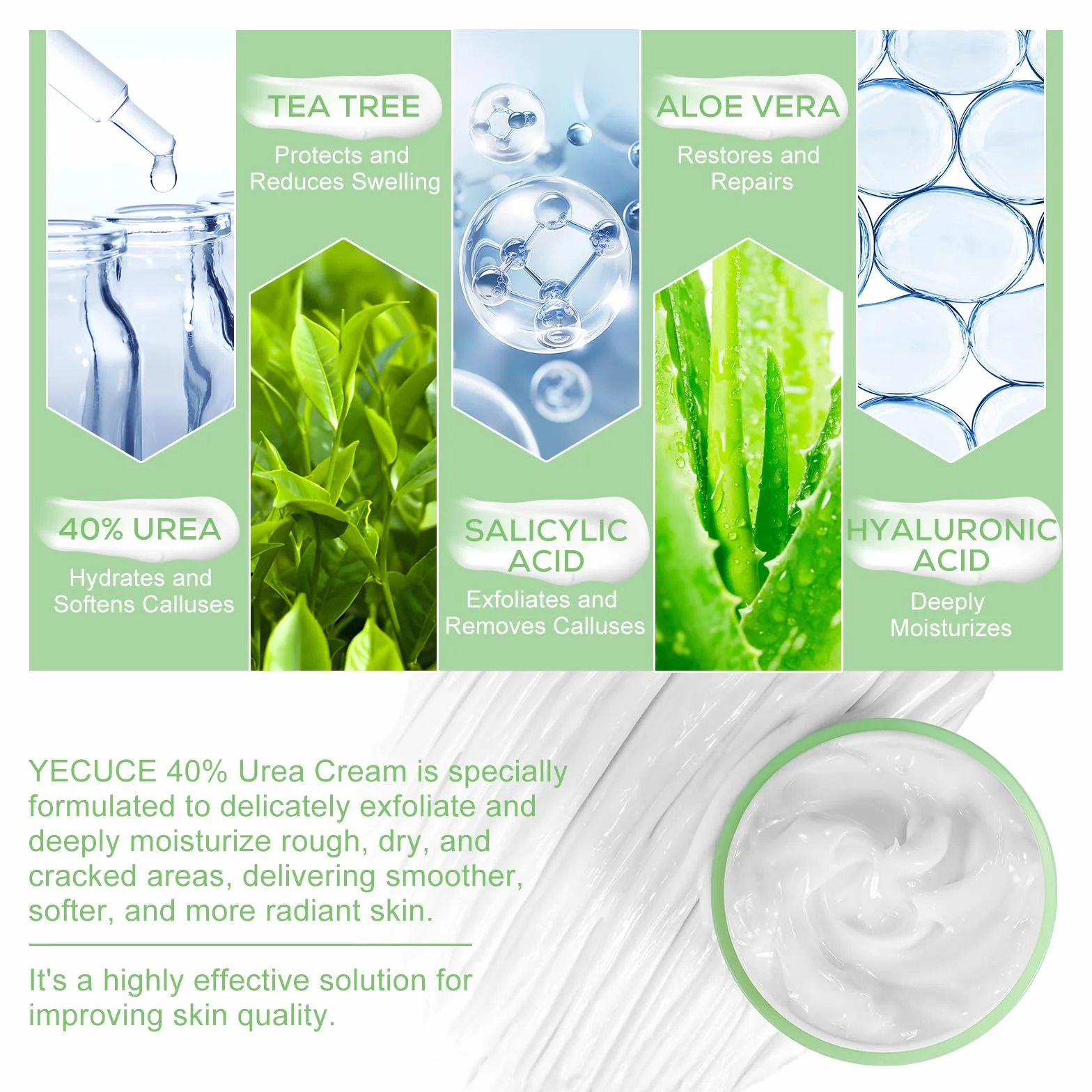 Crème d'urée 2% acide salicylique acide hyaluronique arbre à thé aloe vera hydratation profonde pieds mains talons coudes