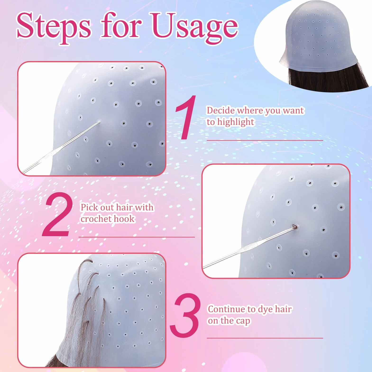 Bonnet Meches Cheveux Trous Pré-percés Professionnel Kit Coloration Cheveux 7 Pcs