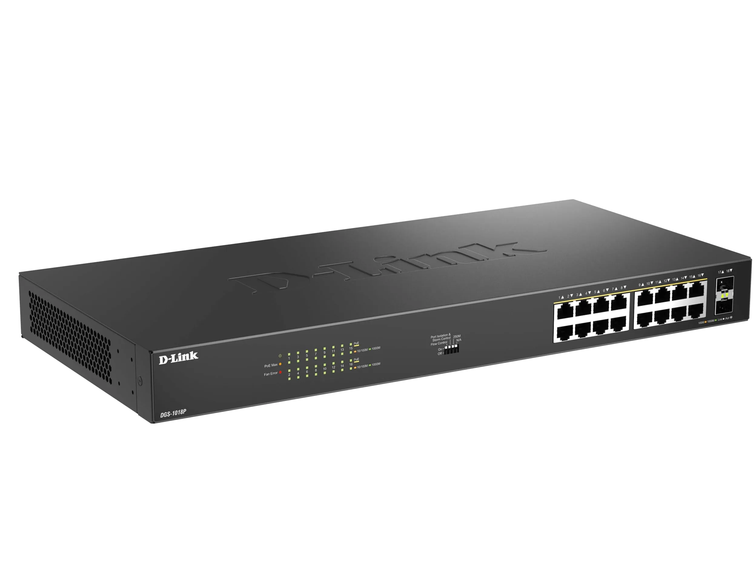D-Link DGS-1018P Switch Gigabit PoE Non Administré 18 Ports – 16 Ports PoE+ (240W), 2 Uplinks SFP, Plug-and-Play, Boîtier Métallique Ventilé, Rackable, IEEE 802.3af/at, Écoénergétique