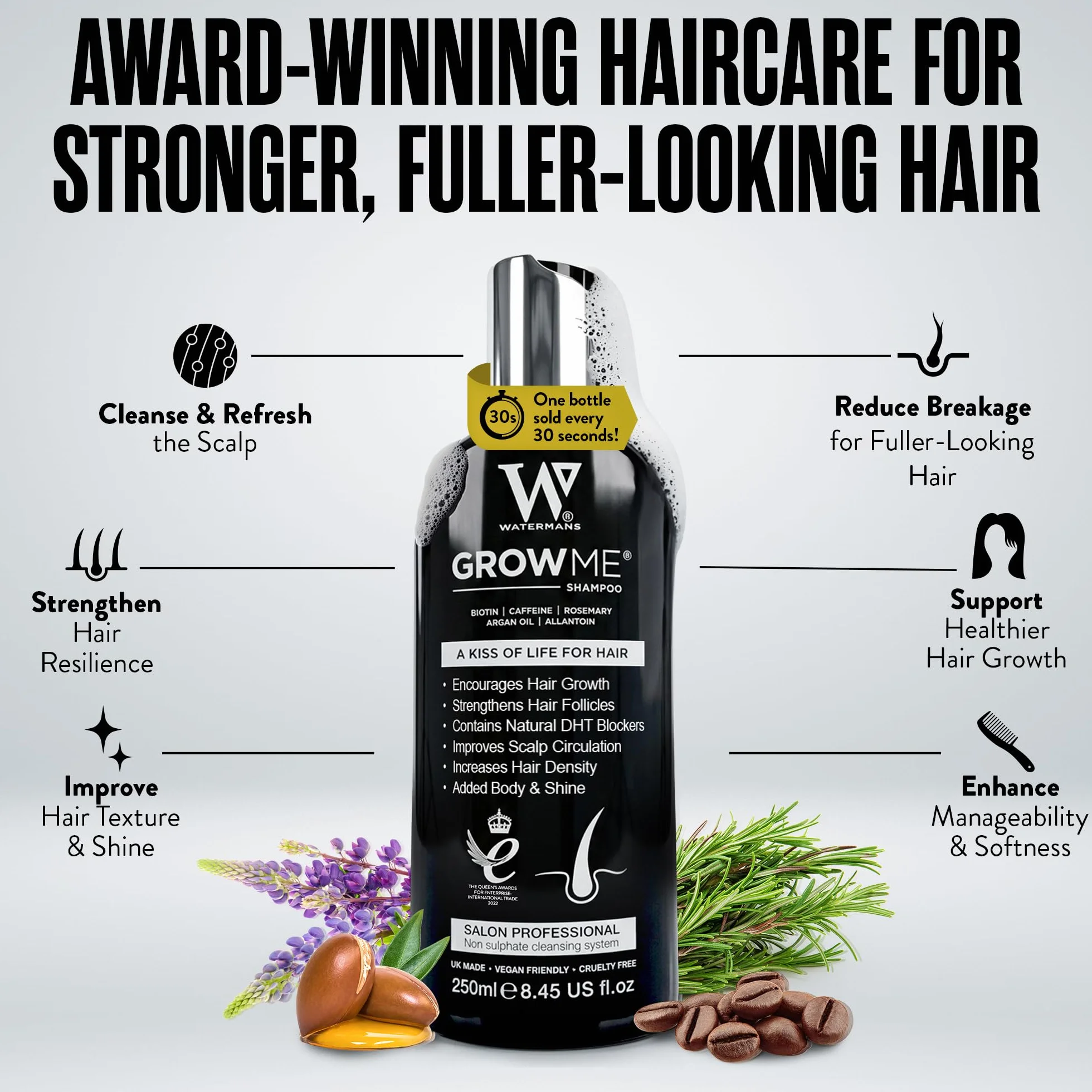 Watermans shampooing croissance capillaire sans sulfate caféine biotine huile d'argan allantoïne romarin