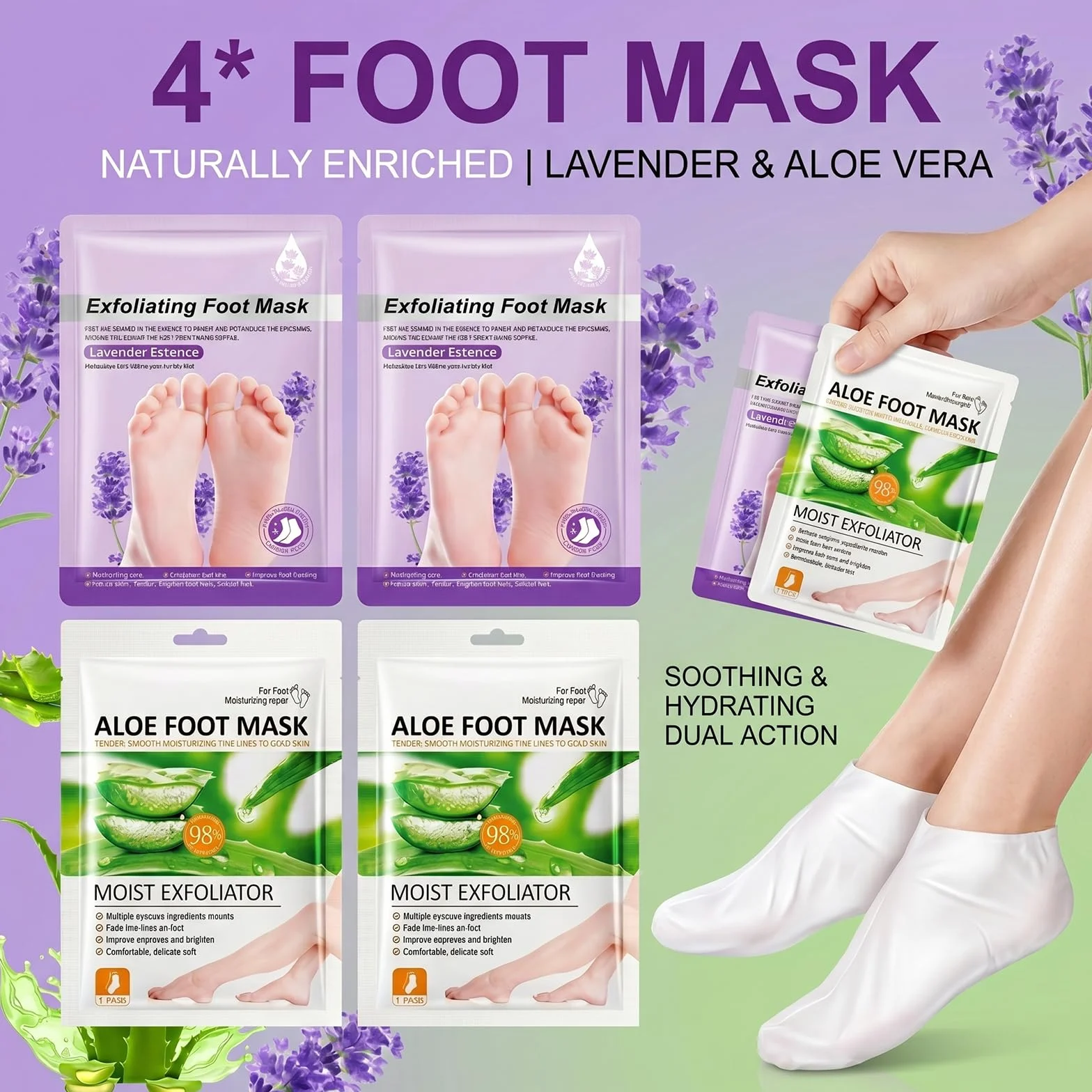 Masque Pied Peeling Exfoliant Aloe Vera Lavande, Soin Pied Éliminer Callosités Peaux Mortes Hydratation Intense