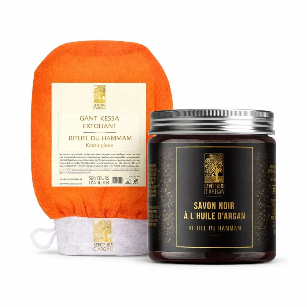Gant de gommage kessa exfoliant + Savon noir à l'huile d'argan pour hammam