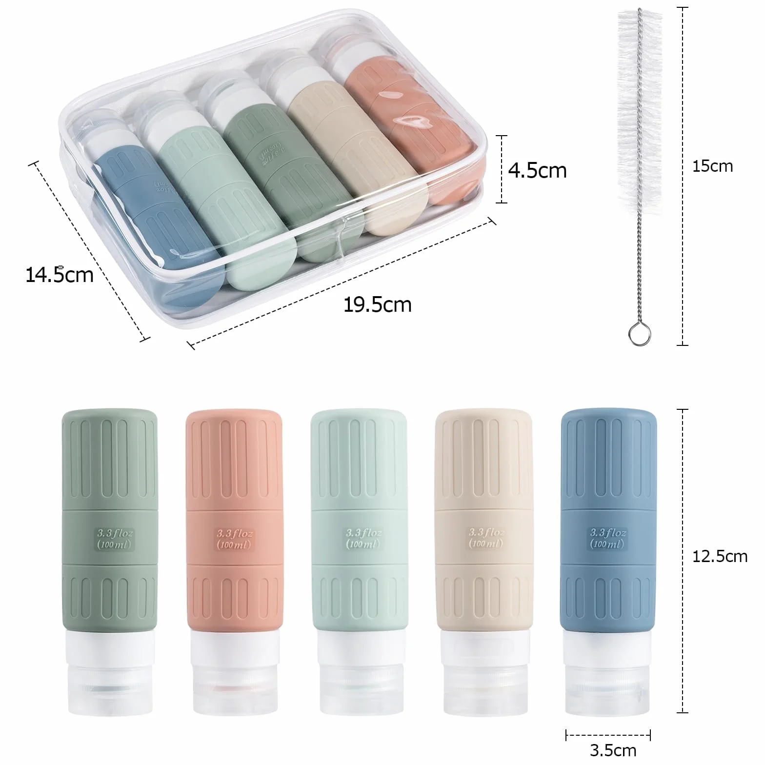 Carehabi 5 Pièces Flacon Voyage Silicone 100ml Avion, Contenant Vide Remplissable pour Shampooing Gel Douche Lotion Cosmétiques