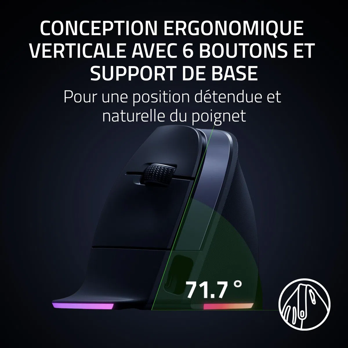 Razer Pro Click V2 Vertical - Souris Ergonomique Verticale sans Fil pour droitier - Assistance IA - Capteur Optique 30K - Windows & Mac (jusqu'à 6 Mois d'autonomie, Chroma RGB, 9 Boutons) Noir