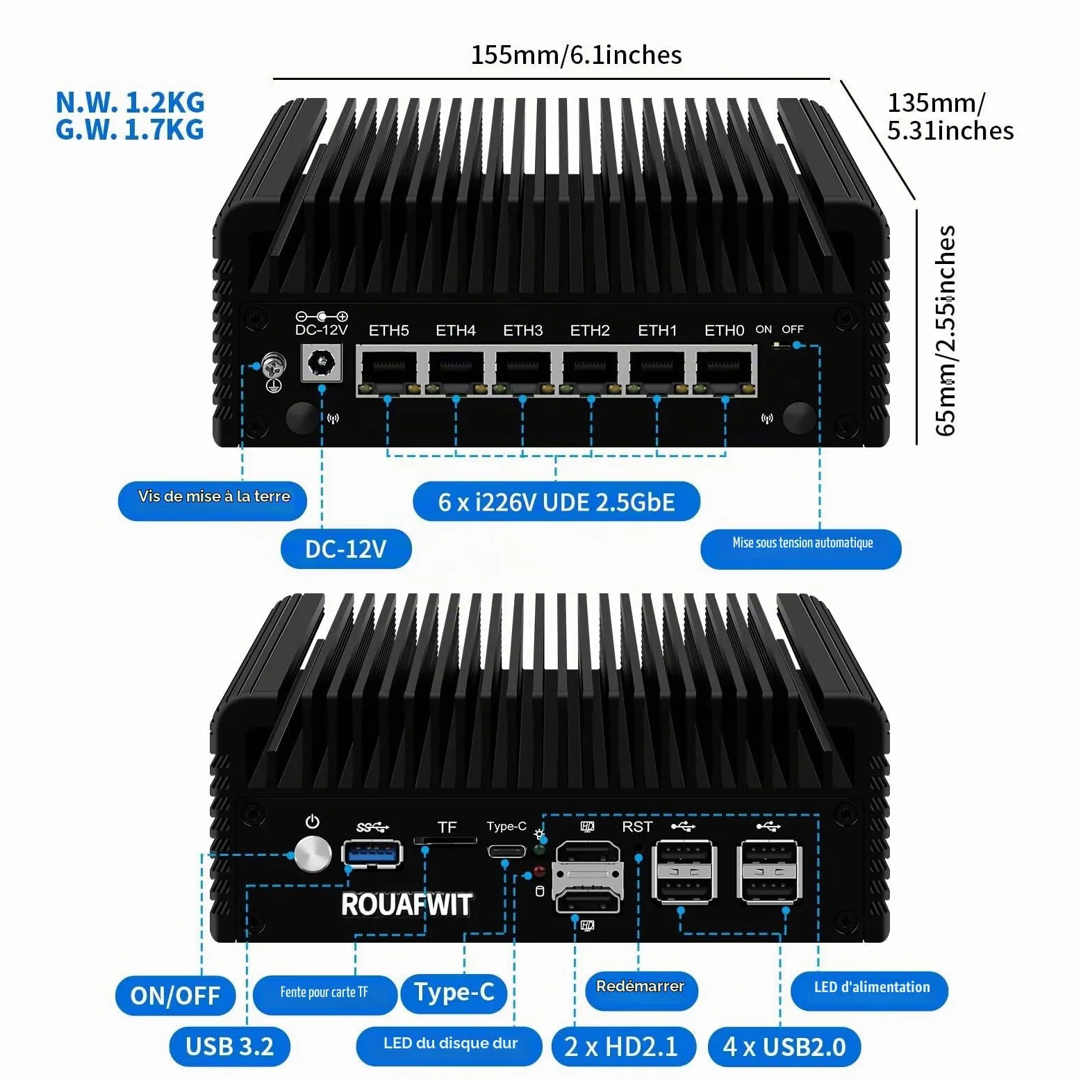 Micro Firewall N150 Fanless Mini PC, DDR5 8GB RAM 128GB SSD Router Appliance Computer, Support OS, OPNsense, 6 x 2.5Gbe i226-V Ethernet, TF, Type C, AES-NI