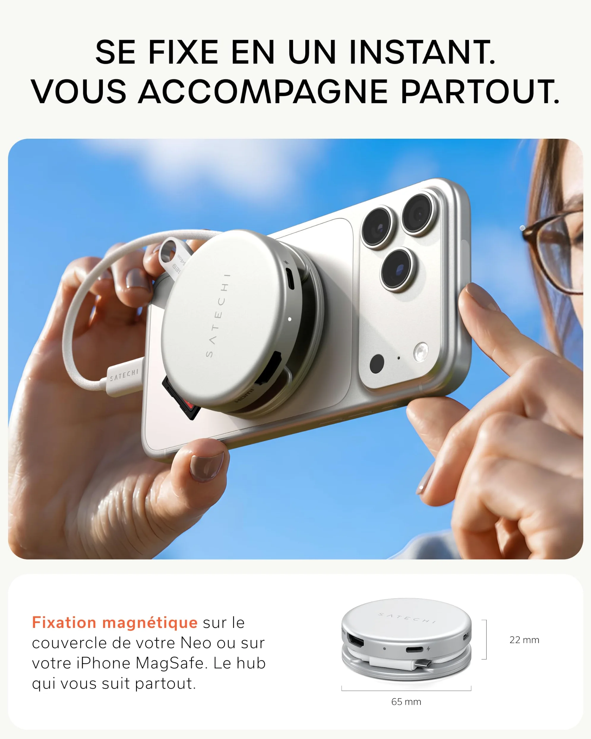 SATECHI OntheGo Hub USB C Magnétique 5 en 1, PD 60W, HDMI 4K, Argent | Câble enroulable intégré, fixation magnétique, 4K@60Hz, lecteur SD, USB-C/USB-A 5Gbps, pour MacBook, iPad, Windows et plus