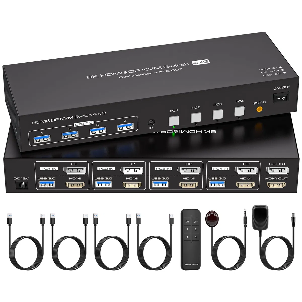 VPFET Commutateur KVM HDMI Displayport 4K144Hz 4 PC 2 moniteurs 8K60Hz DP 1.4 HDMI 2.1 4 ports Commutateurs KVM pour 4 ordinateurs, 2 moniteurs et 4 USB 3.0, avec adaptateur DC12V et 4 câbles USB 3.0