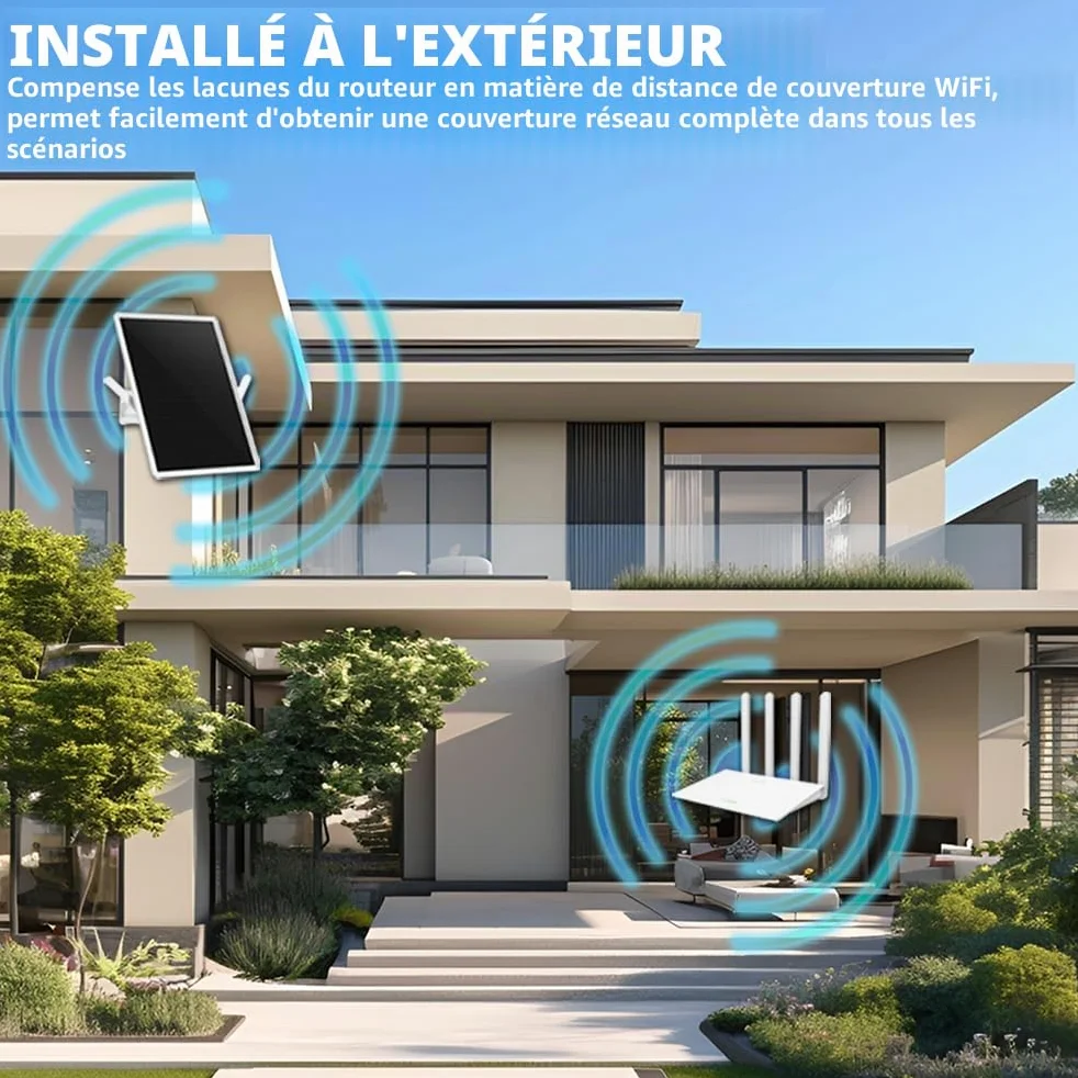 Repeteur WiFi Solaire Batterie Exterieur sans Fil, Puissant Amplificateur WiFi Couvre100-mètres, Outdoor répéteur WiFi Extender 2.4Ghz 300Mbps, Idéal pour Les Grands Espaces éloignés (14in)