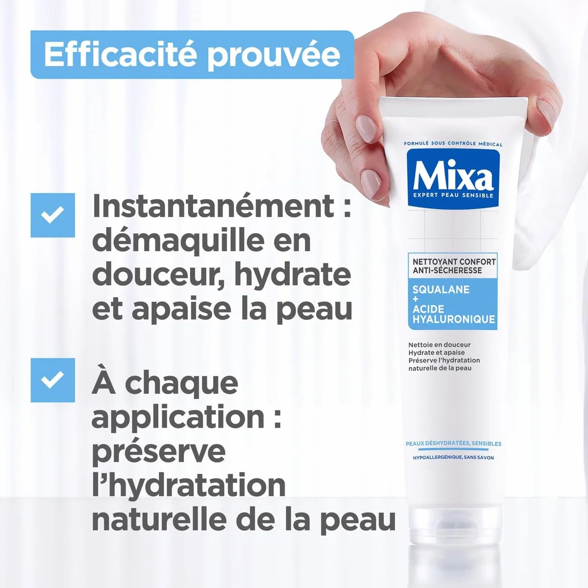 Mixa Nettoyant Confort Anti-Sécheresse Squalane Acide Hyaluronique Peaux Déshydratées Sensibles 150 ml