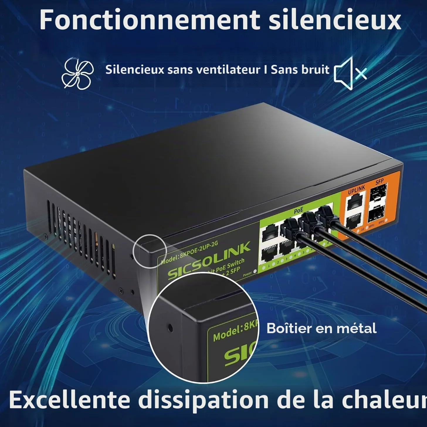 Commutateur PoE+ Gigabit 8 Ports avec 2 Ports de Lien Amont et 2 Ports SFP, Commutateur Réseau Non Géré Ethernet PoE 1000Mbps, 120W, Plug & Play, Adapté pour AP et Caméra de Surveillance PoE