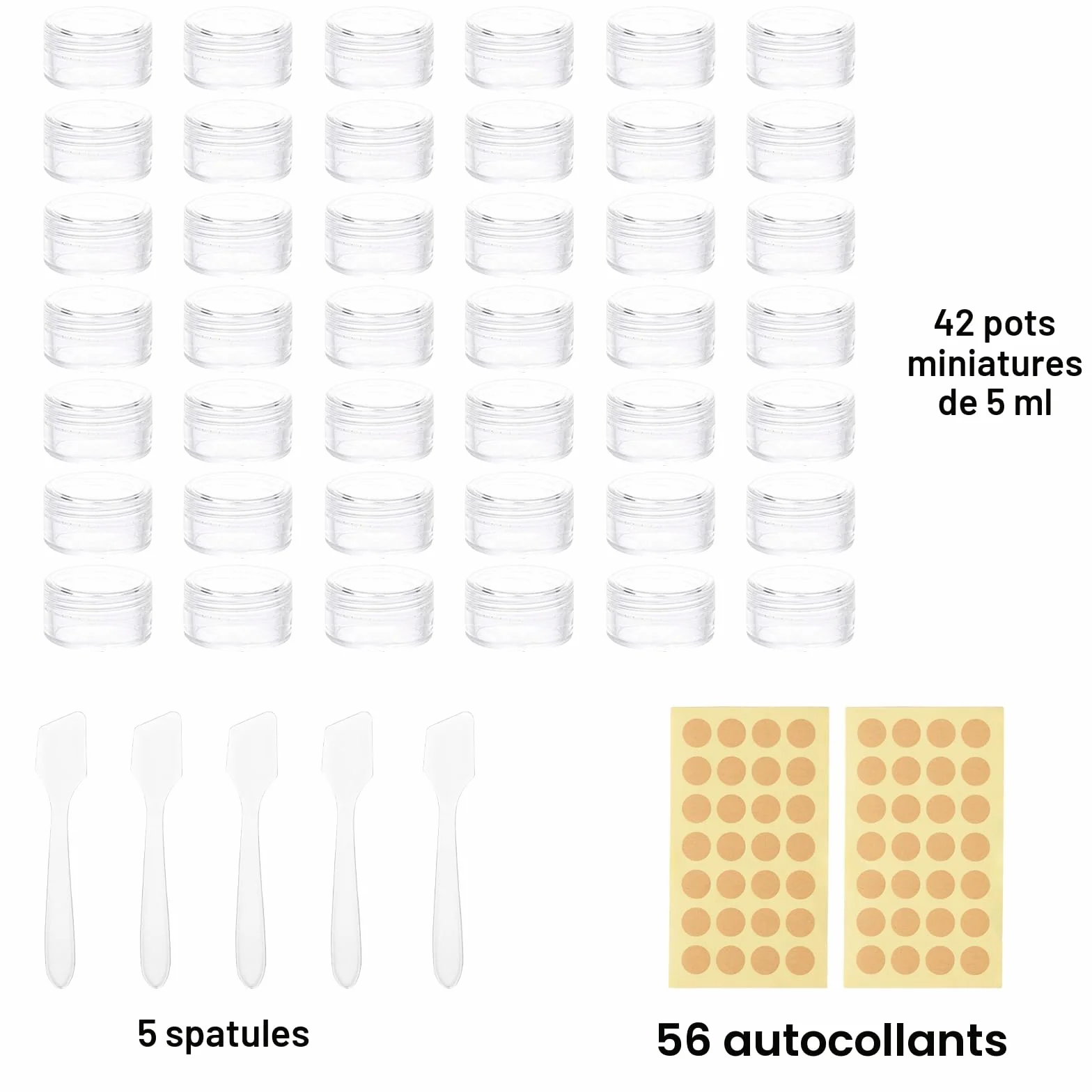 Petits pots 5ml avec couvercle, étiquettes et spatule, mini récipients transparents pour échantillons cosmétiques