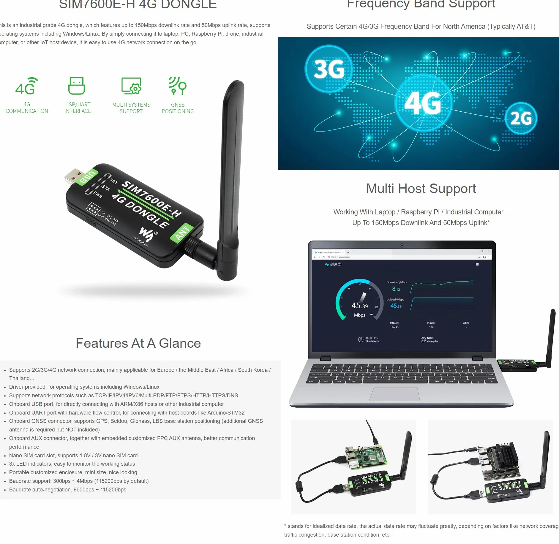 Waveshare SIM7600E-H 4G Dongle Antenna Industrial Grade GNSS Positioning Peripheral