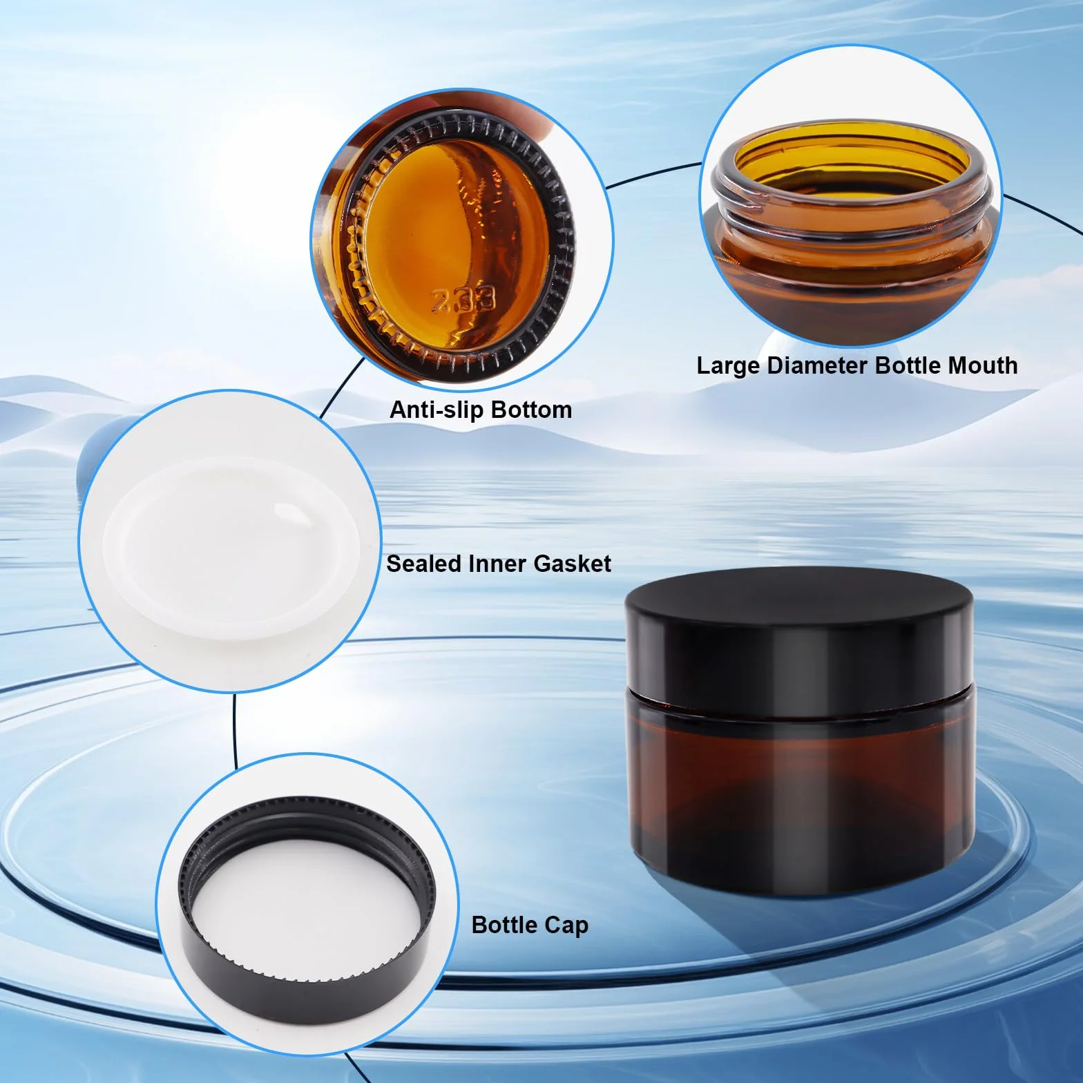 Pots en Verre Ambré 30 ml avec Couvercle et Liner pour Crèmes Cosmétiques Lotions Huiles Essentielles