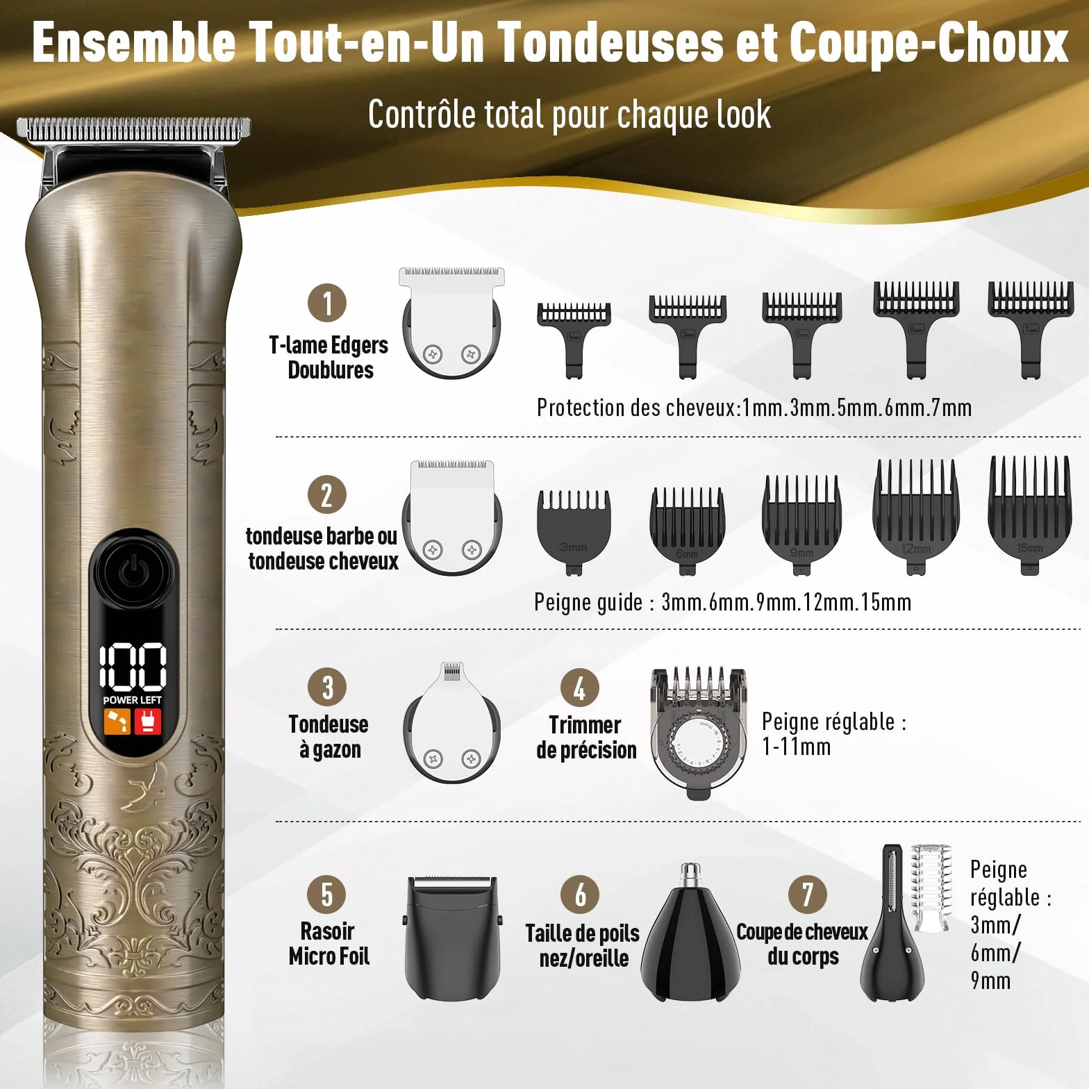 Tondeuse Cheveux Hommes Kit Professionnel 17-en-1 avec Tondeuse Barbe Écran LCD Rechargeable USB-C