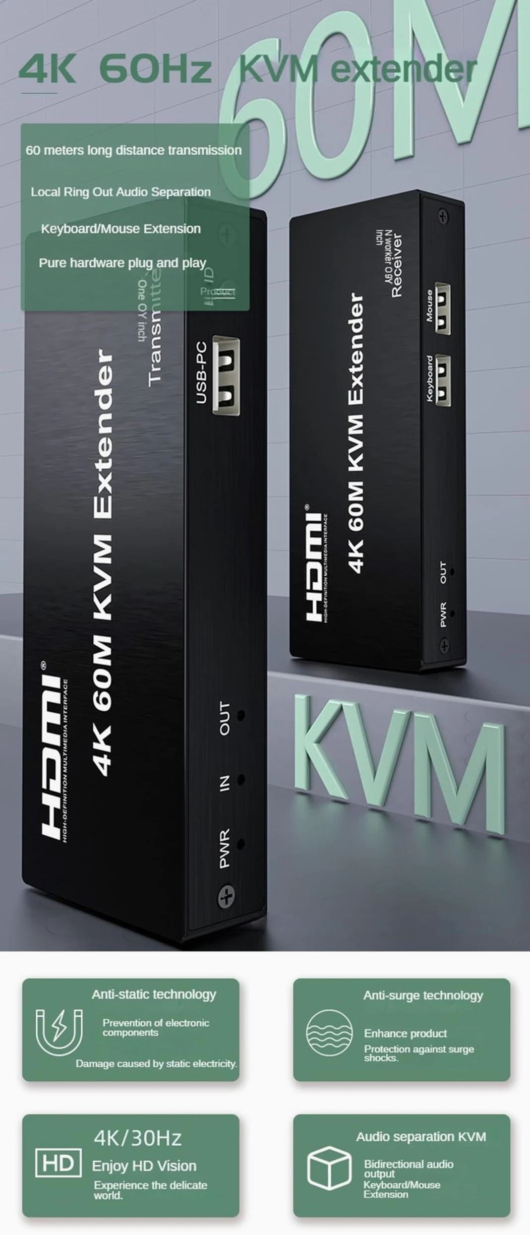 Extender KVM HDMI 4K 30Hz sur câble Rj45 Cat5e/6 jusqu'à 60M/120M Extender HDMI USB avec Loop-out pour PC NVR Souris Clavier (60M KVM)
