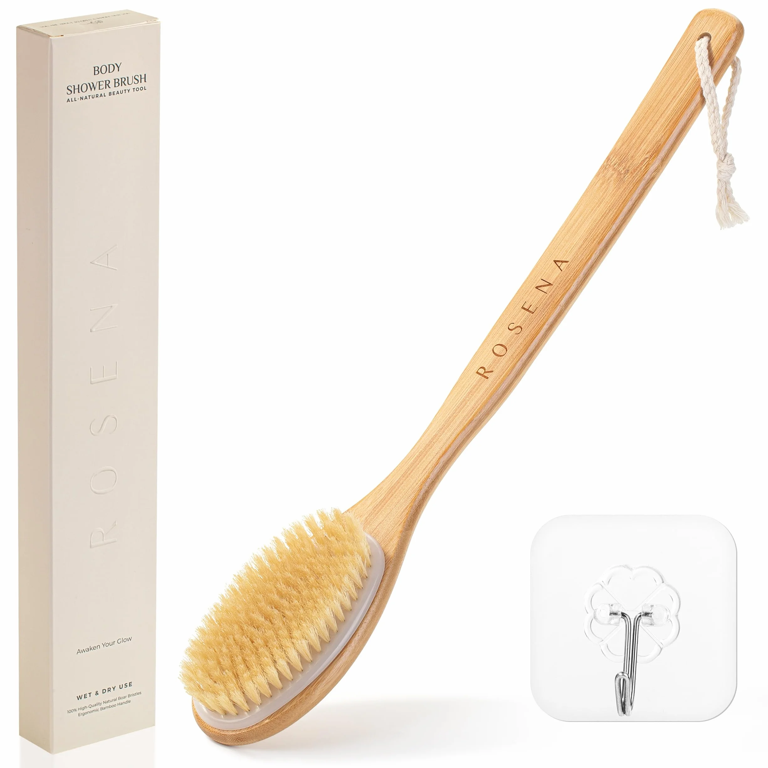 Brosse de douche manche long poils naturels exfoliation peau éclat