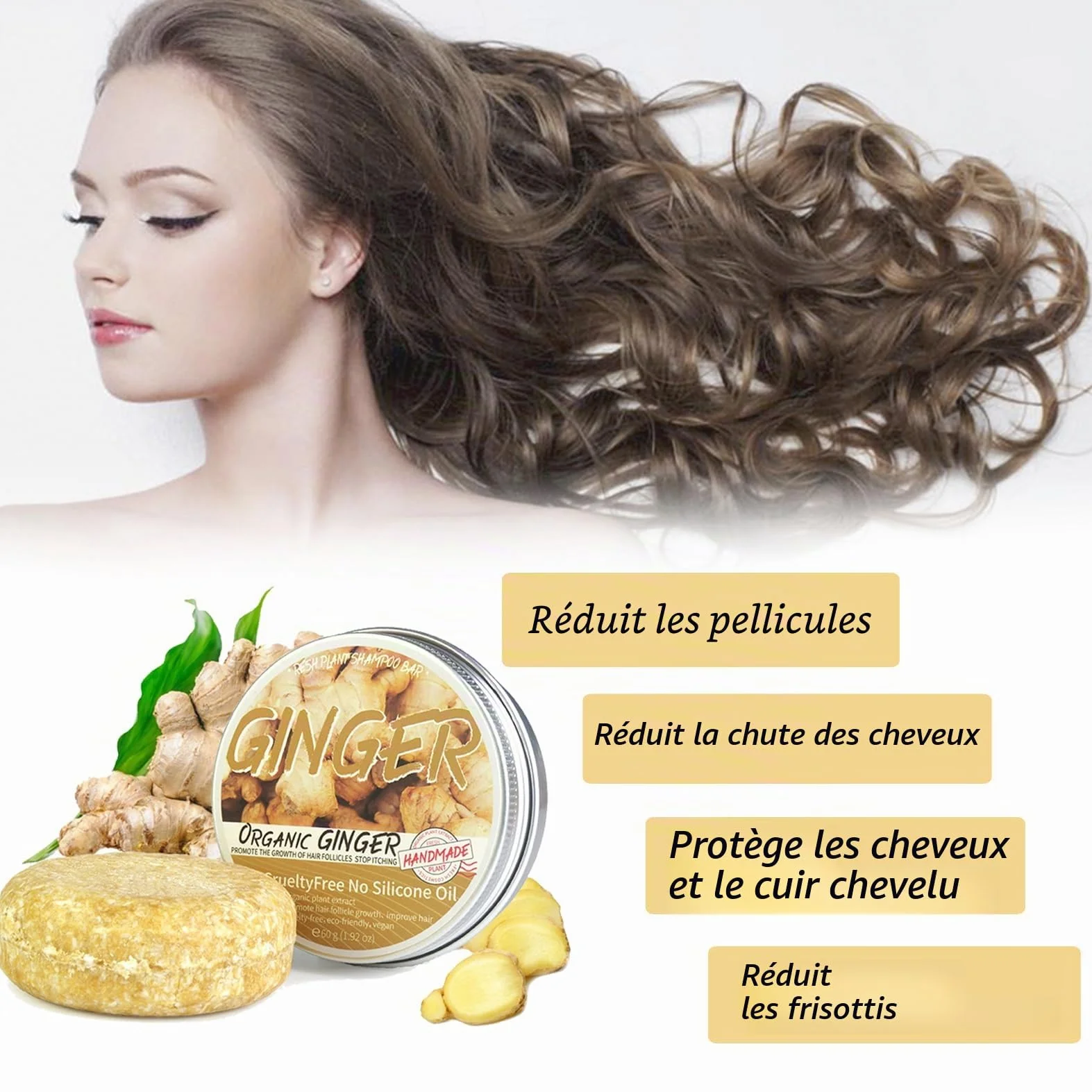Barre de shampooing au gingembre bio anti-chute cheveux savon plantes naturelles