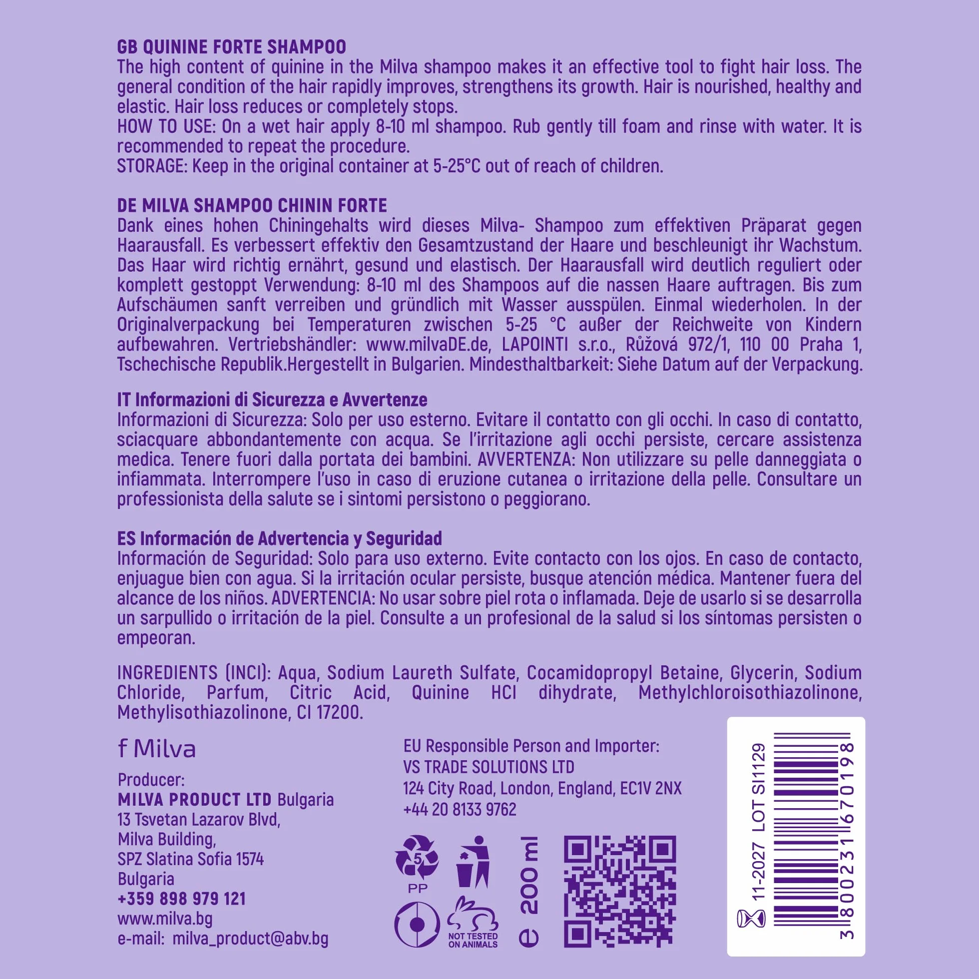 Milva Shampooing Forte à la Quinine Anti-Chute Cheveux 200 ml