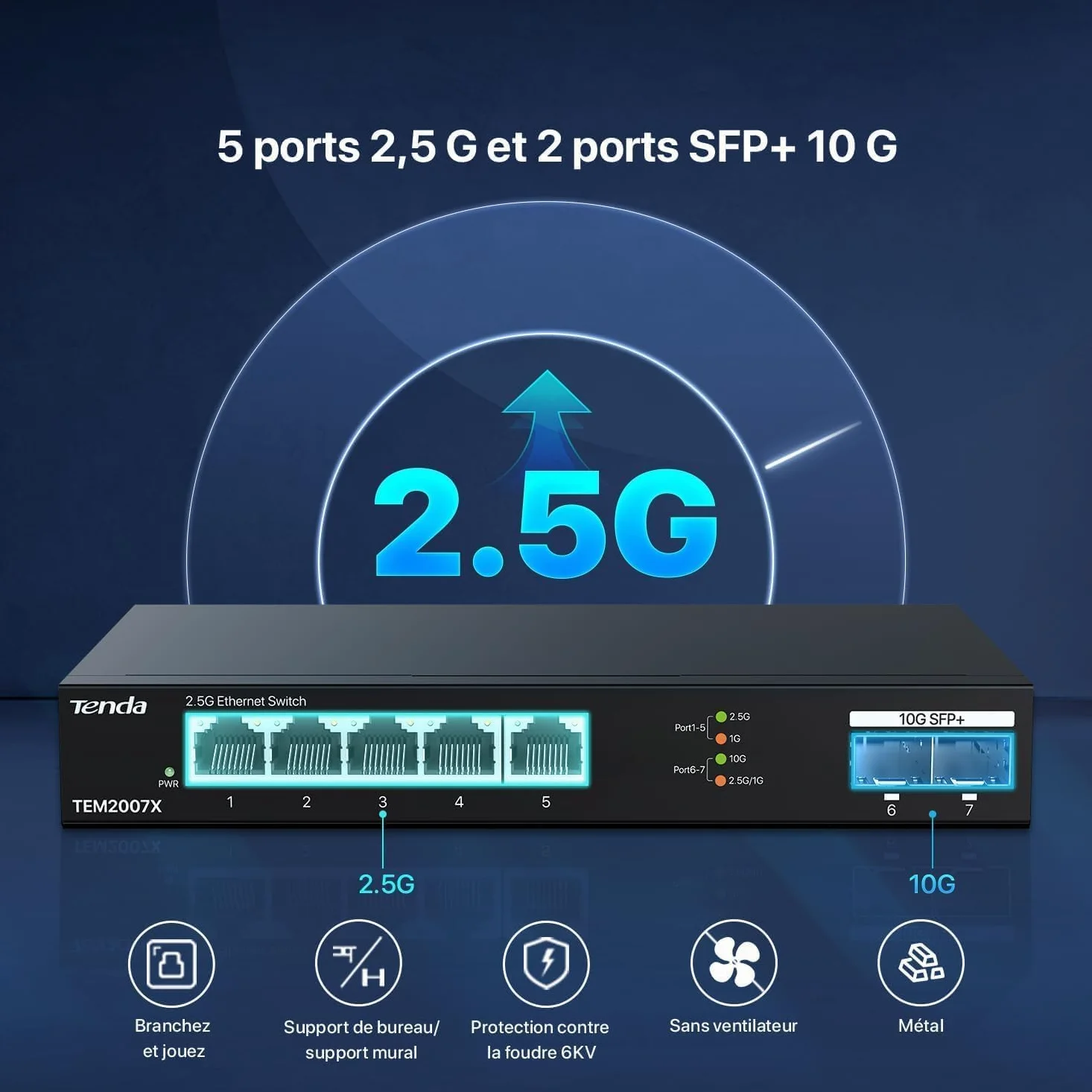 Tenda TEM2007X Switch 2.5G 5 Ports (2 SFP+ 10G, Non Géré) | Switch Ethernet 2.5G 5 ports + 2 SFP+ 10G, VLAN, agrégation statique, plug & play, métal, noir
