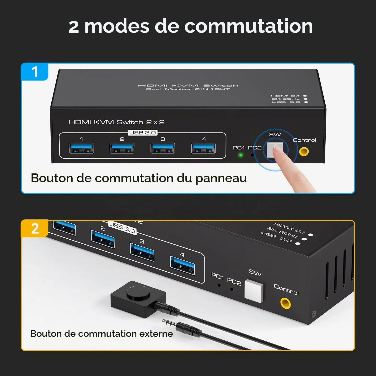 4K120Hz HDMI Commutateur KVM 2 pc 2 Monitors 8K60Hz Pour KVM Switch 2 PC 2 écrans avec 4 Ports USB 3.0 Prend en Charge le Contrôle des Câbles de BureauInclut 2 Câbles USB3.0