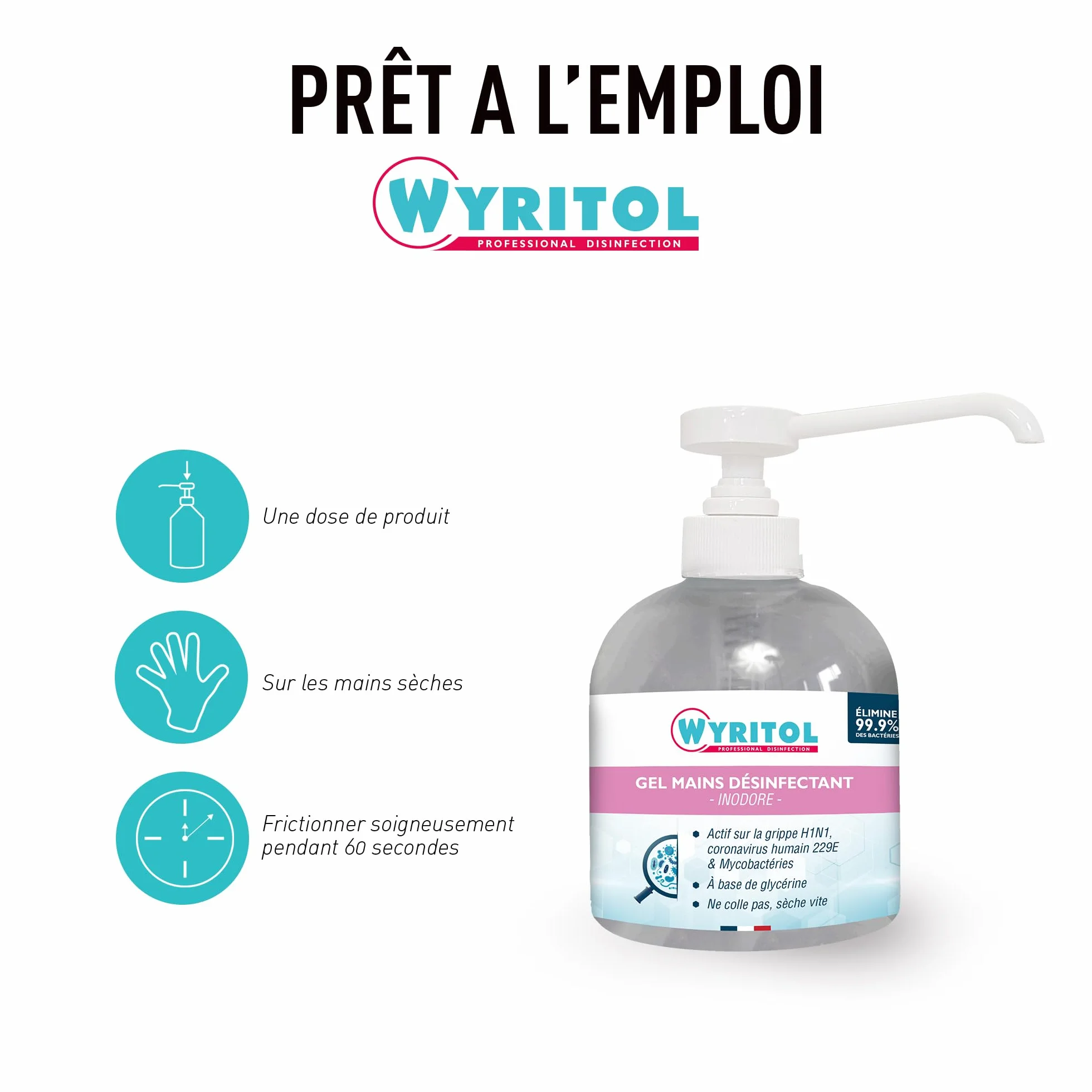 WYRITOL Gel Hydroalcoolique Inodore Désinfectant Mains Sans Rinçage Peaux Sensibles Glycérine 300 ml