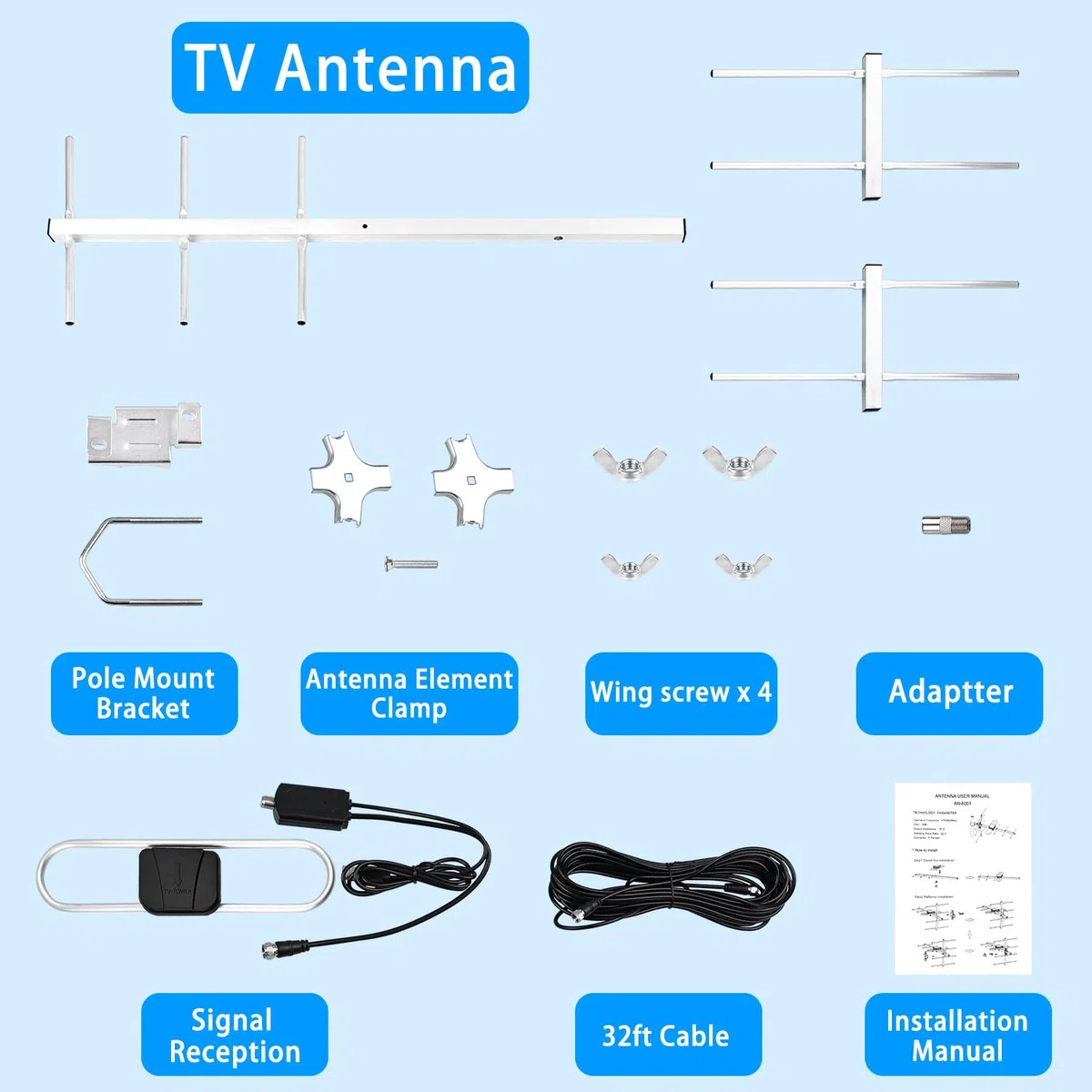 Yagi Antenne TV satellite HD, antenne HDTV numérique extérieure, rotation directionnelle à 360 degrés, longue portée avec UHF/VHF, prend en charge 4K, 1080p, Smart et anciens téléviseurs