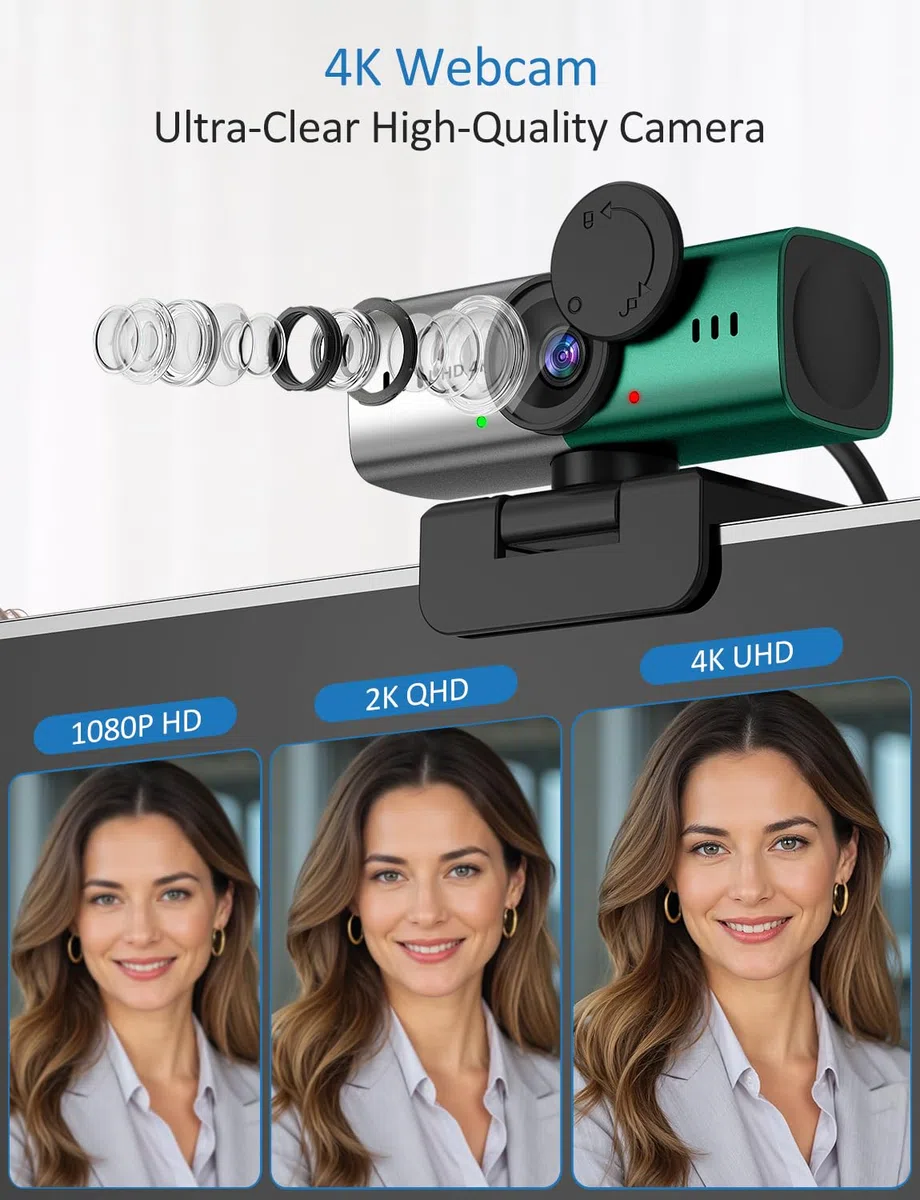Webcam pour PC, caméra de streaming 4K, caméra Web pour ordinateur de bureau/ordinateur portable avec microphone, webcam USB Plug and Play, boîtier en alliage d'aluminium, pour diffusion en direct