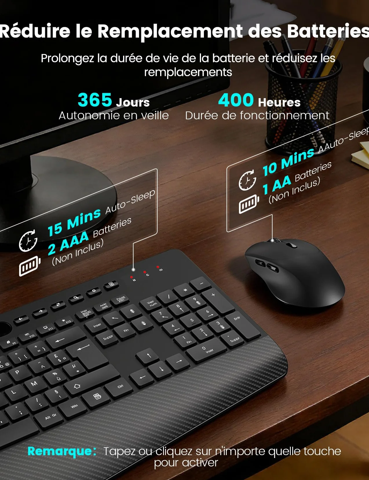 Ensemble Clavier et Souris sans Fil AZERTY-KM23 Noir, Ergonomique Pleine Taille avec Repose-Poignet, Silencieux 2,4 GHz pour PC Windows