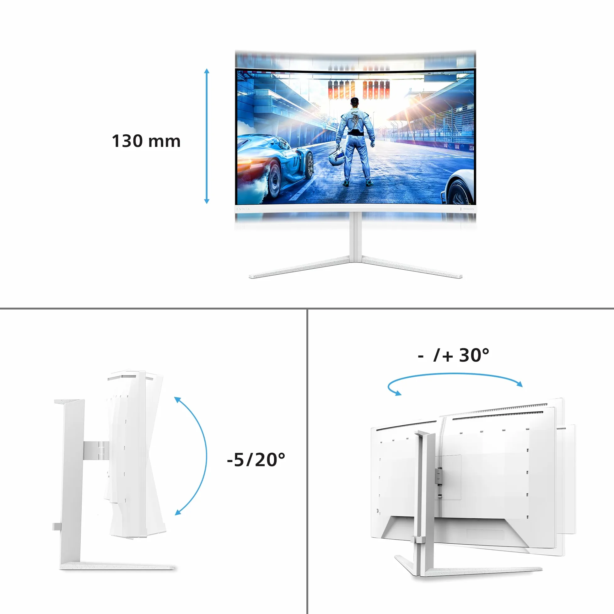 PHILIPS Evnia Gaming Moniteur Incurvé, 32M2C5501 32 Pouce 180Hz Fast VA Dalle, 1ms GtG, HDR10, FreeSync, Ajustable en Hauteur, (2560x1440 HDMI 2X 2.0 DP 1x 1.4) Blanc