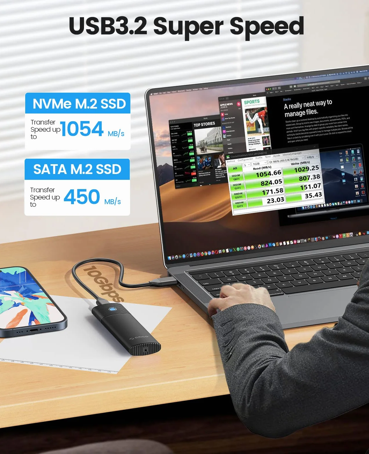 ORICO Boîtier SSD M2 NVMe SATA USB C 3.2 Gen 2 10Gbps 5Gbps NGFF M-Key 2230/2242/2260/2280 Aluminium Externe UASP