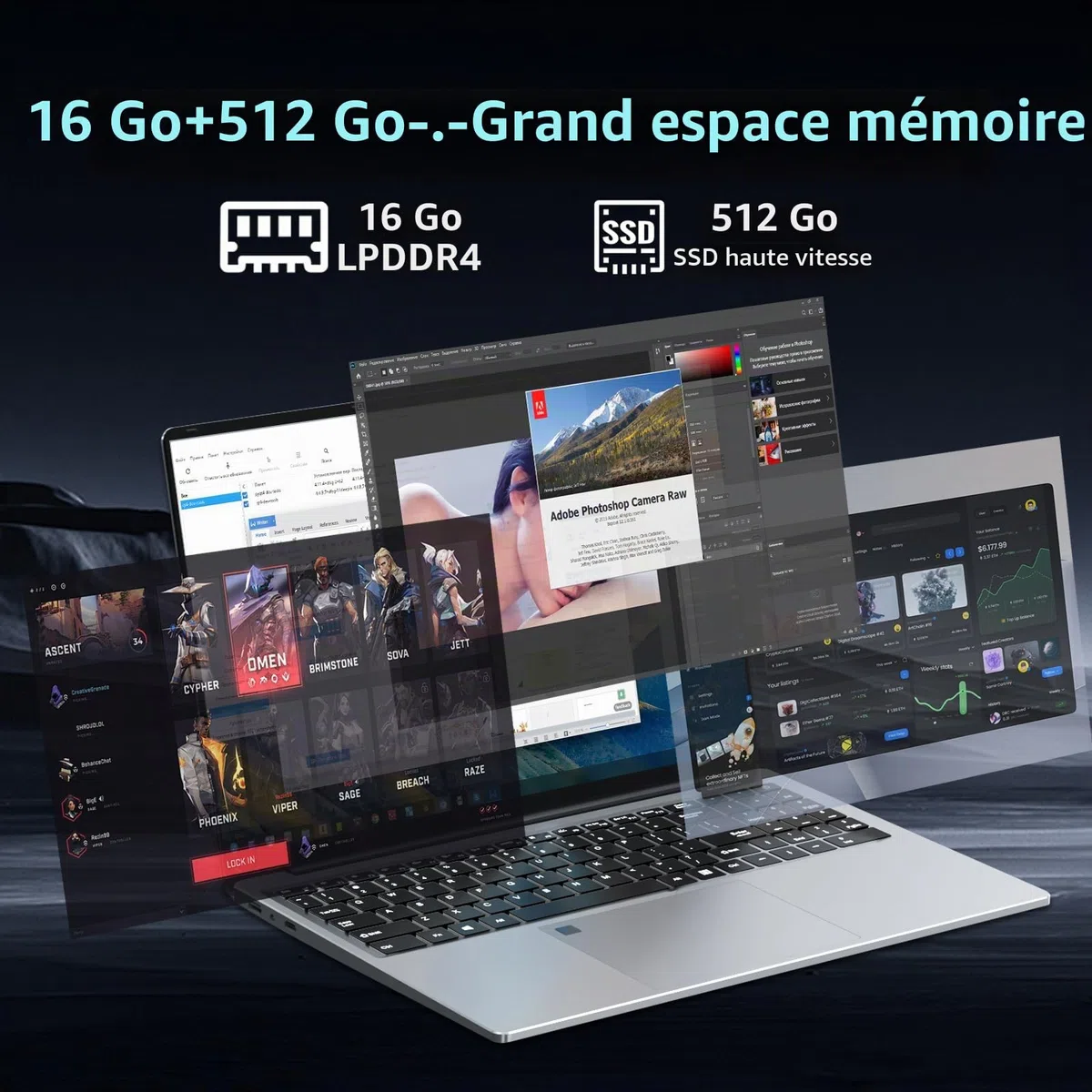 Ordinateur Portable 16 Pouces, Win 11 PC Portable 16 Go RAM 512 Go SSD, Celeron N100 CPU, Laptop Clavier Rétroéclairé/Déverrouillage Empreinte Digitale, BT5.0/USB3.0/6000mAh Battery/Webcam/Mini-HDMI