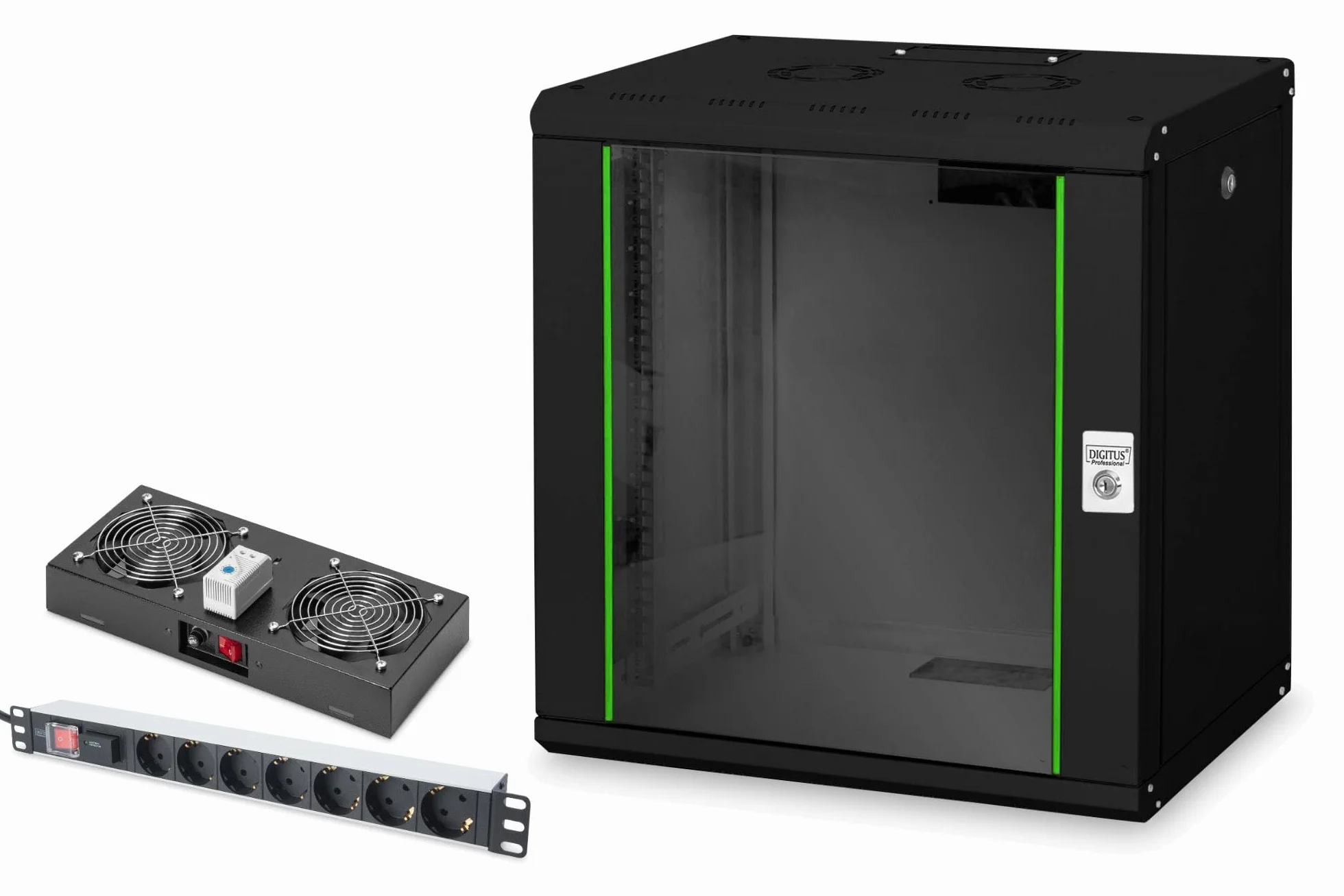 DIGITUS Set: Armoire réseau 19" 12U + Ventilateur de Toit + Bloc multiprise 7 Ports // Rack 19 Pouces - Montage Mural - 450mm de Profondeur - Charge 100kg - Profondeur utile 305-370 mm - Noir