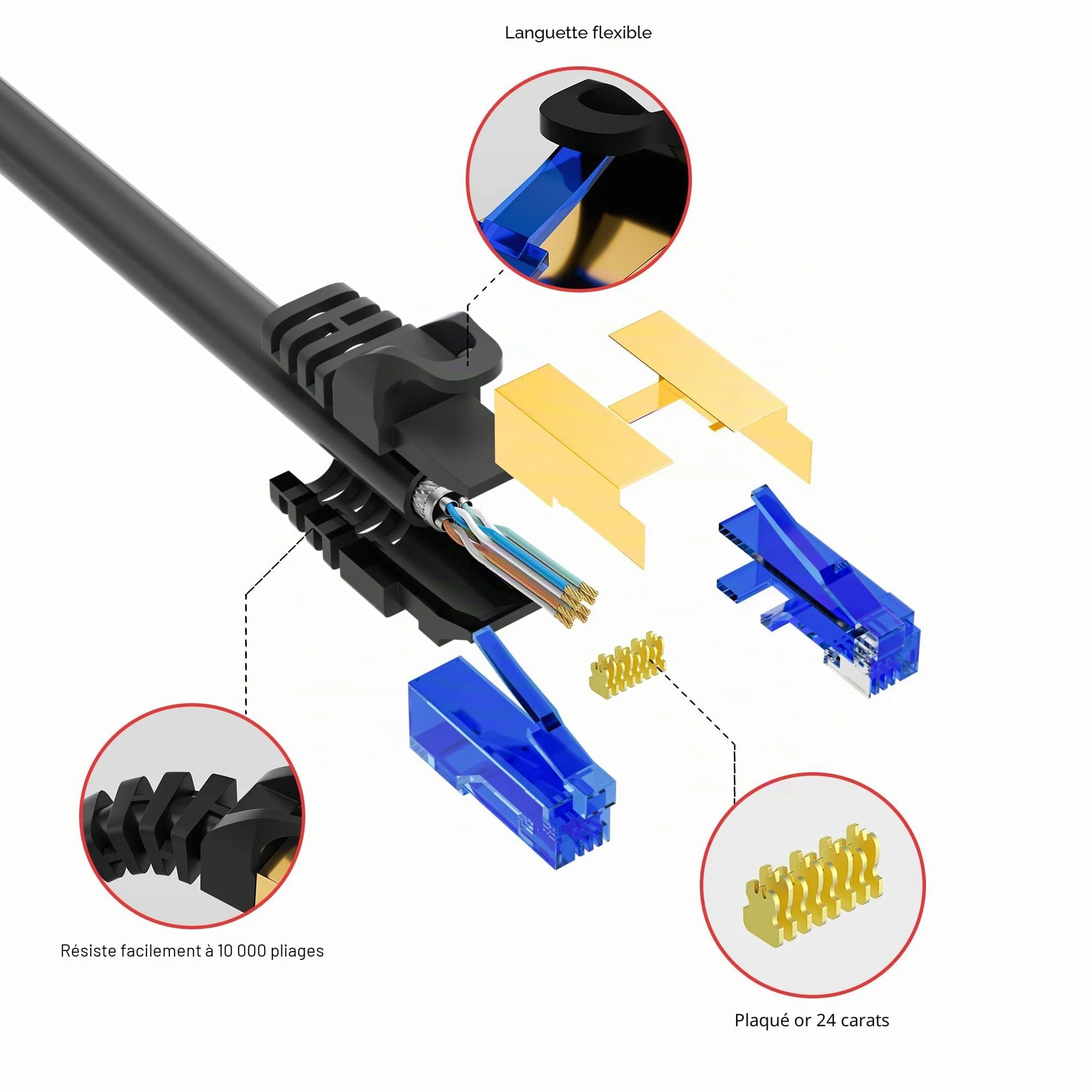 Câble réseau Ethernet RJ45 CAT 7 10 mètres SSTP imperméable extérieur enfouissement direct 10 Gigabit LAN POE Noir