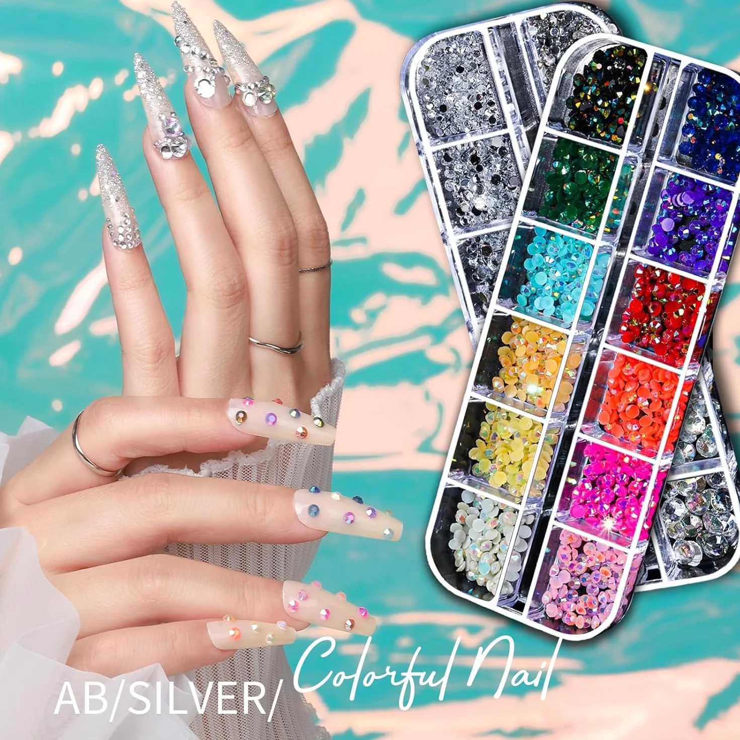 Lot de 6 boîtes de breloques pour ongles 3D - Or et argent - Étoile - Décoration d'ongles - Alliage