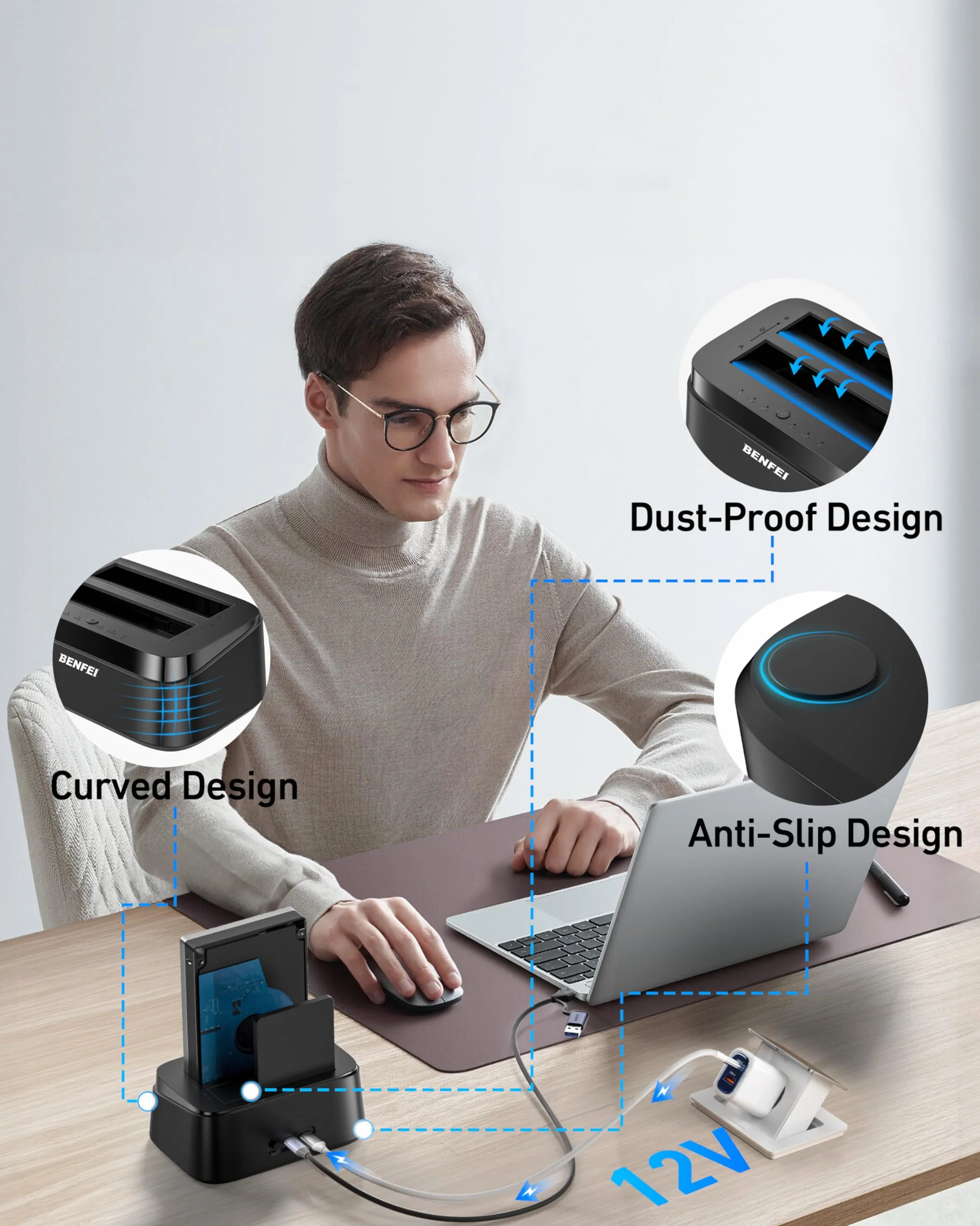 BENFEI Station d'accueil pour Disques Durs avec Clonage Hors Ligne, Dock Double Baie USB-C pour HDD/SSD 2.5/3.5", 5 Gbit/s