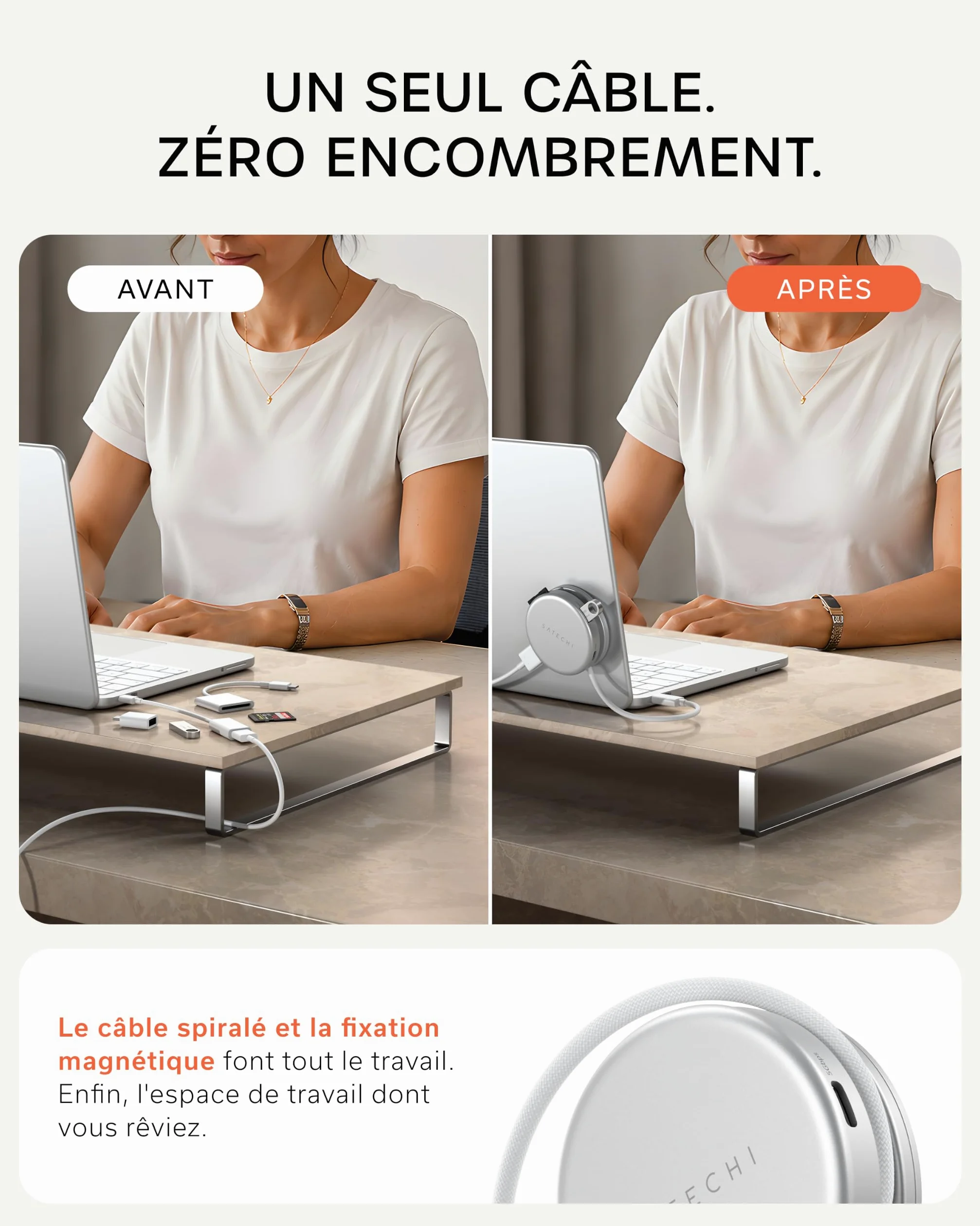 SATECHI OntheGo Hub USB C Magnétique 5 en 1, PD 60W, HDMI 4K, Argent | Câble enroulable intégré, fixation magnétique, 4K@60Hz, lecteur SD, USB-C/USB-A 5Gbps, pour MacBook, iPad, Windows et plus
