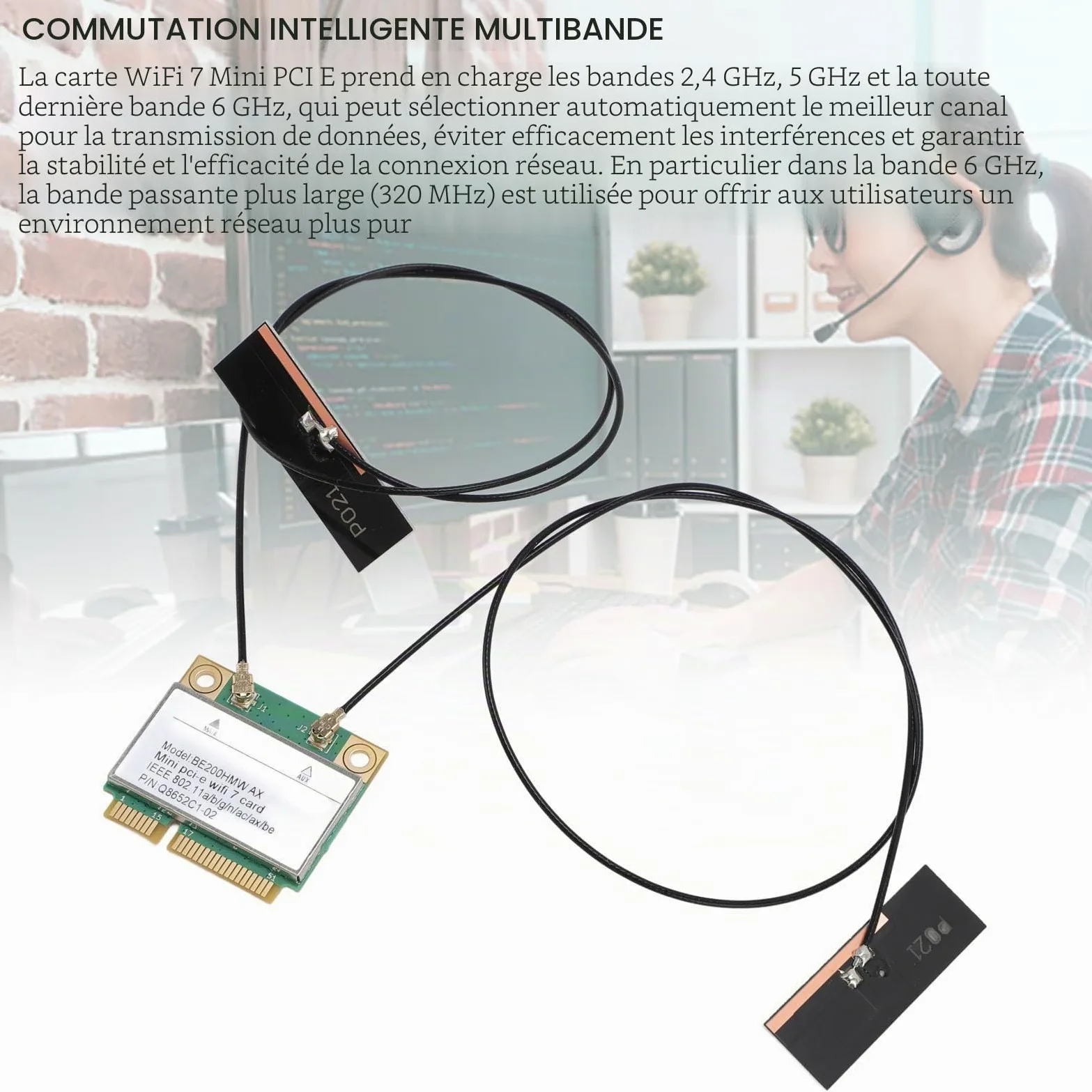 Carte sans Fil WiFi 7, Double Bande 802.11ax Mini PCI-E Adaptateur de Réseau de Carte WiFi, BT5.4 2,4 GHz 574Mbps 5 GHz 2,4 Gbps 6GHz 5800Mbps pour Les Ordinateurs Portables (avec antenne)