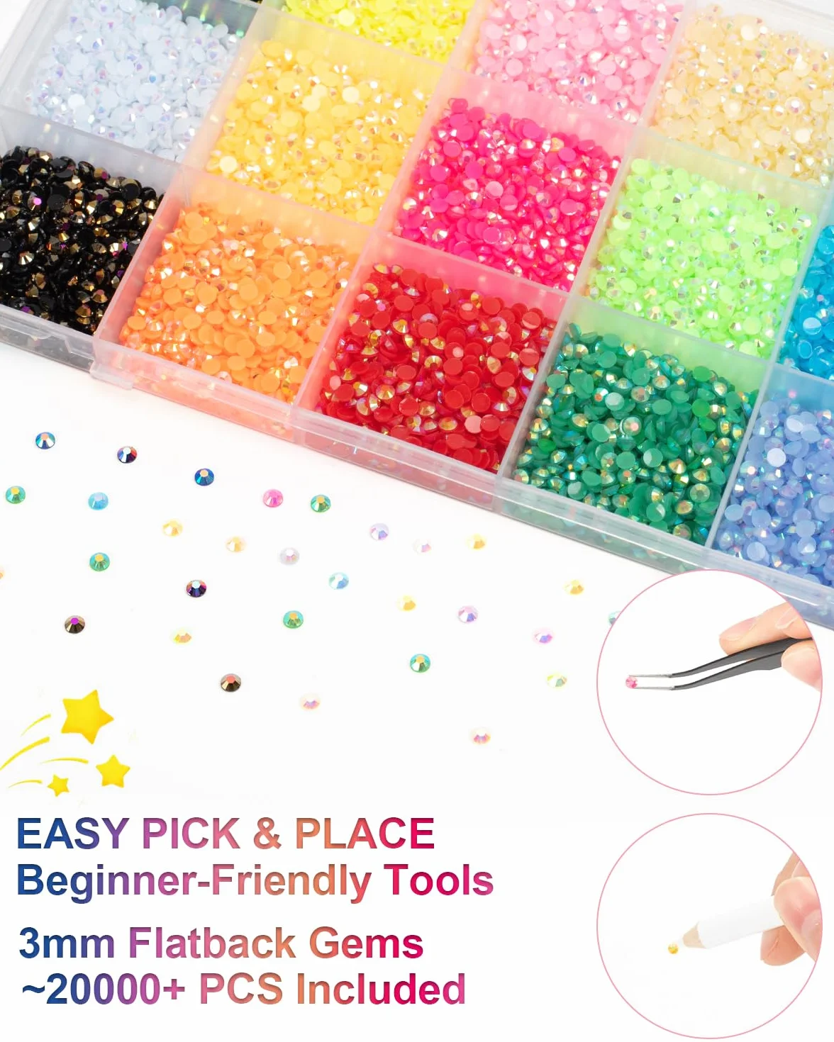 Kit de 18 couleurs 22 000 strass à dos plat 3 mm avec stylo pour nail art, vêtements, chaussures