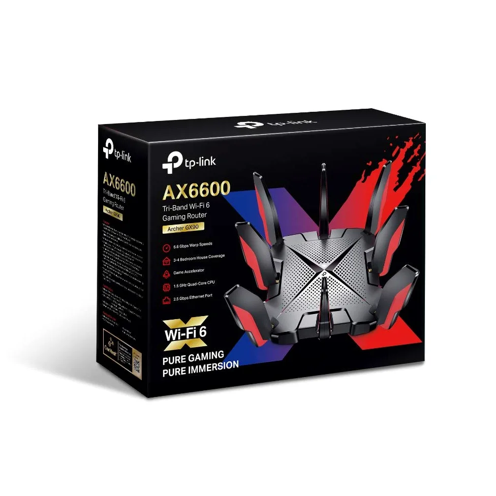 TP-Link AX6600 Tri-Band Wi-FI 6 Gaming Router with 4* Gigabit Ports+1 * 2.5 Gbps Port, WiFi Speed up to 6600Mbps, 2 USB Ports, Quad-Core CPU, Ideal for Gaming Xbox/PS4/Steam & 4K (Archer GX90)