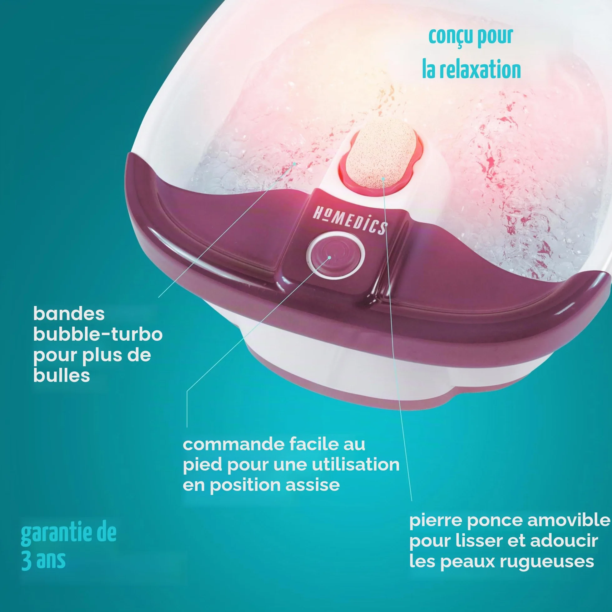Homedics Spa Bain de Pied Massant Chauffant Balnéothérapie avec Bulles de Massage Jusqu’à Pointure 47