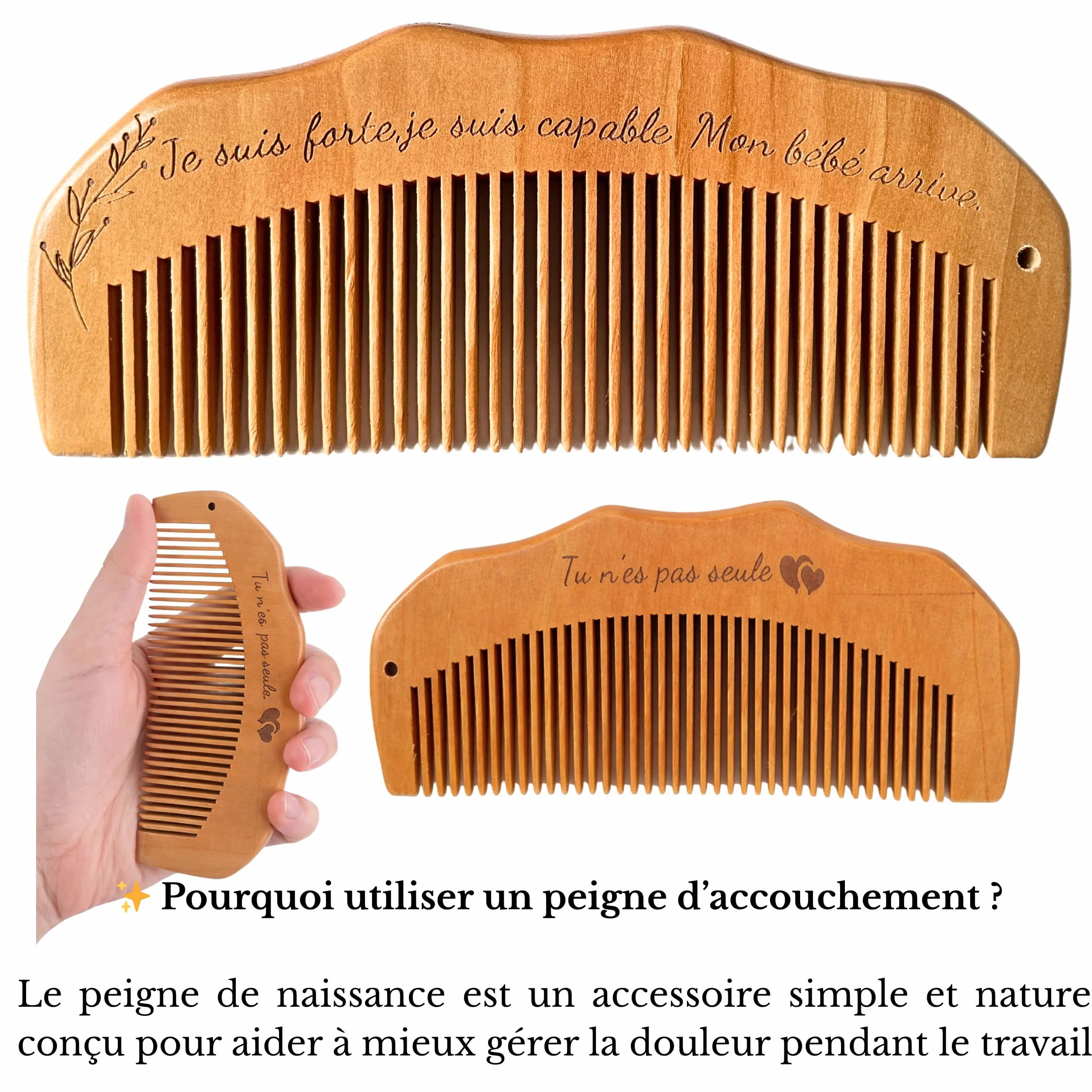 Peigne accouchement en bois avec carte émotionnelle cadeau grossesse femme enceinte maternité