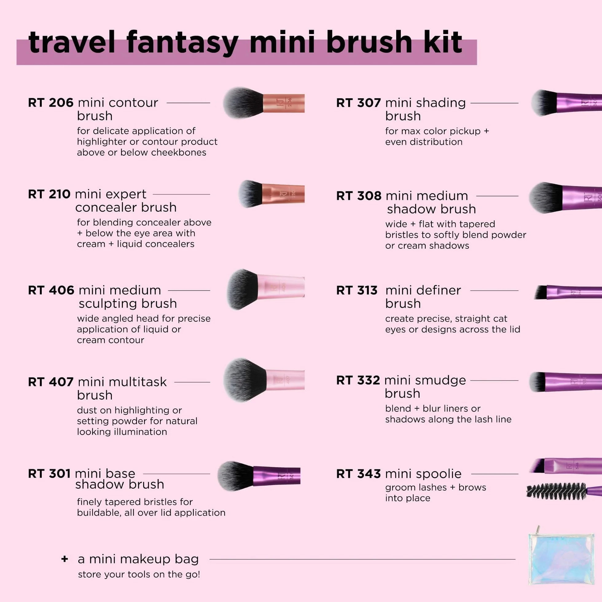 Real Techniques Kit de mini-pinceaux Travel Fantasy, 11 pièces, pinceaux maquillage fard à paupières surligneur contour