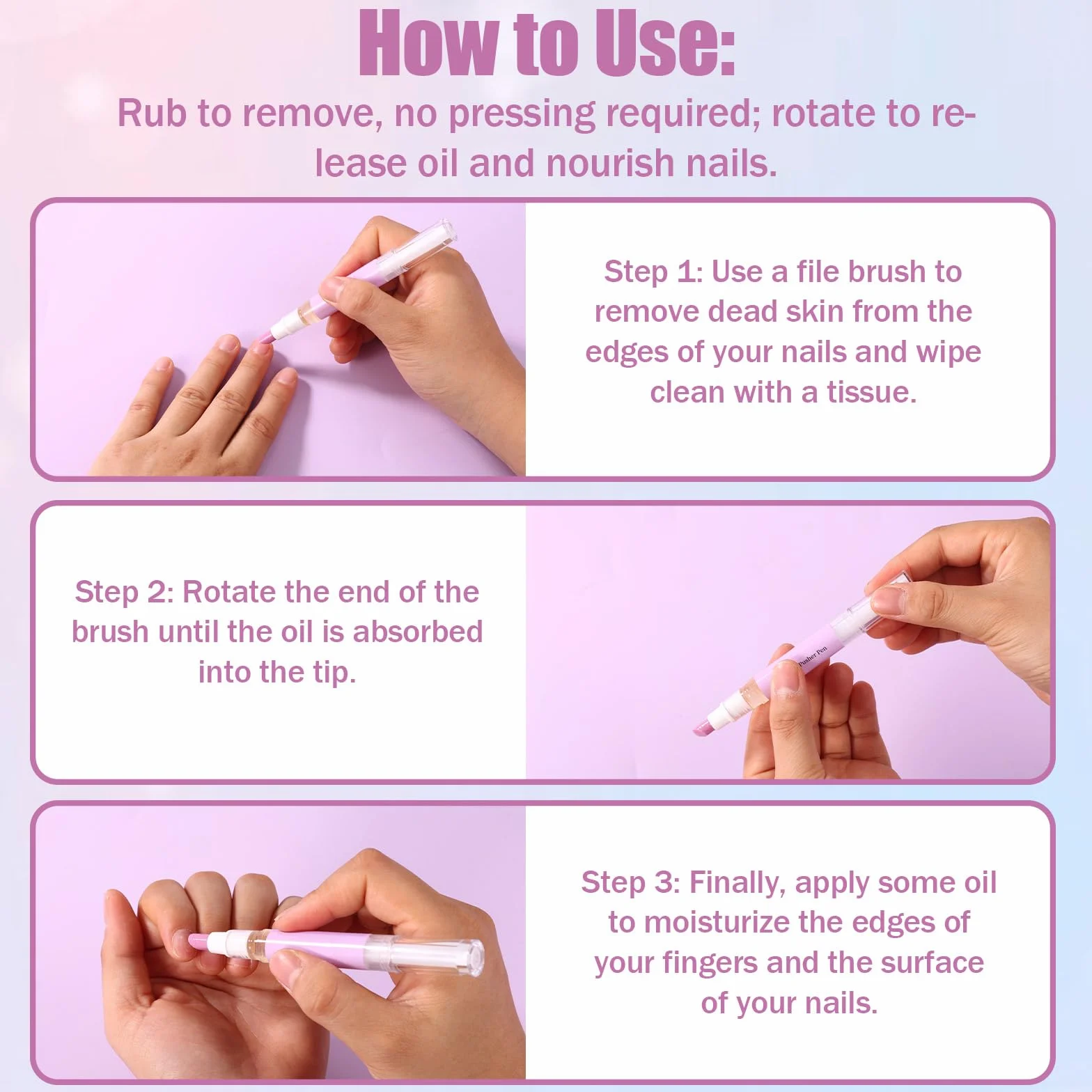 Stylo à Huile pour Cuticules 3 en 1, Applicateur Portable avec Embout Céramique, Hydrate Renforce Brille (Violet)