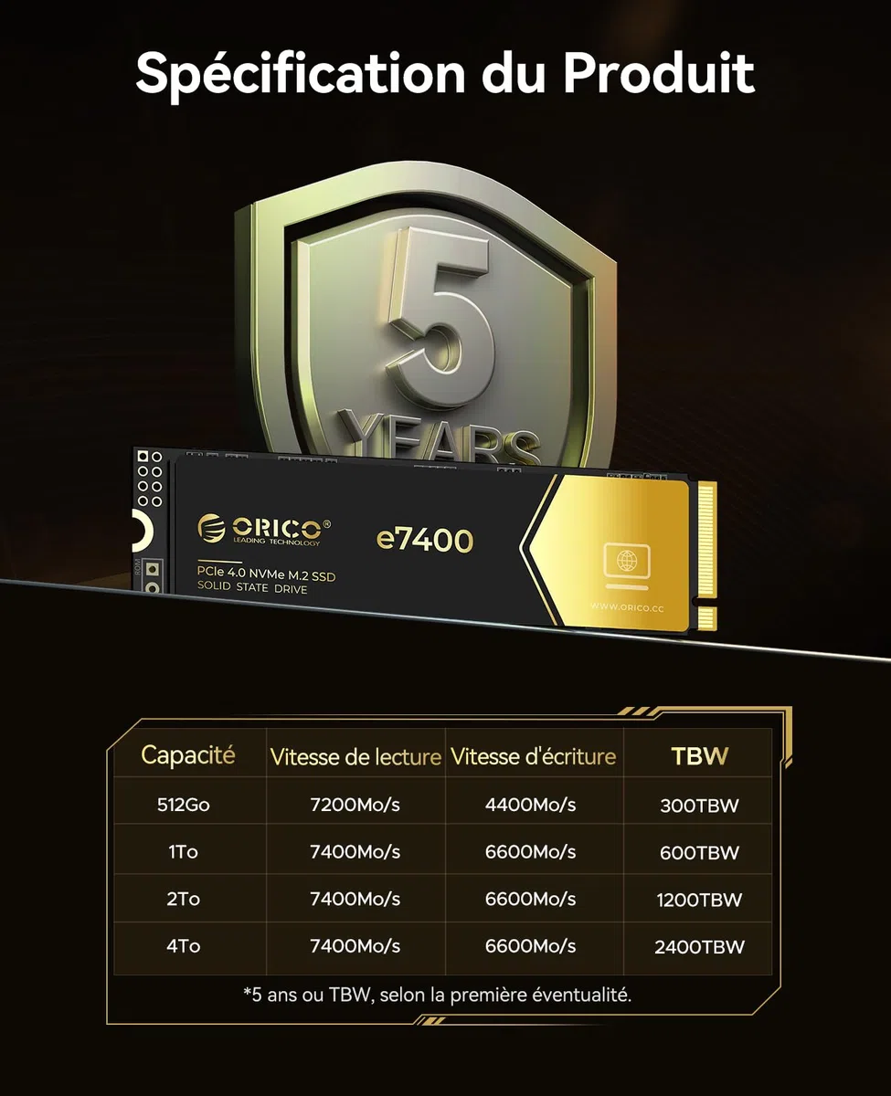 ORICO SSD 2To NVMe M.2, PCIe 4.0X4 - Jusqu'à 7400MB/s M2 SSD, 3D NAND Flash M.2 2280 Disque Dur Interne, Compatible avec macOS Windows pour Joueurs et créateurs-e7400