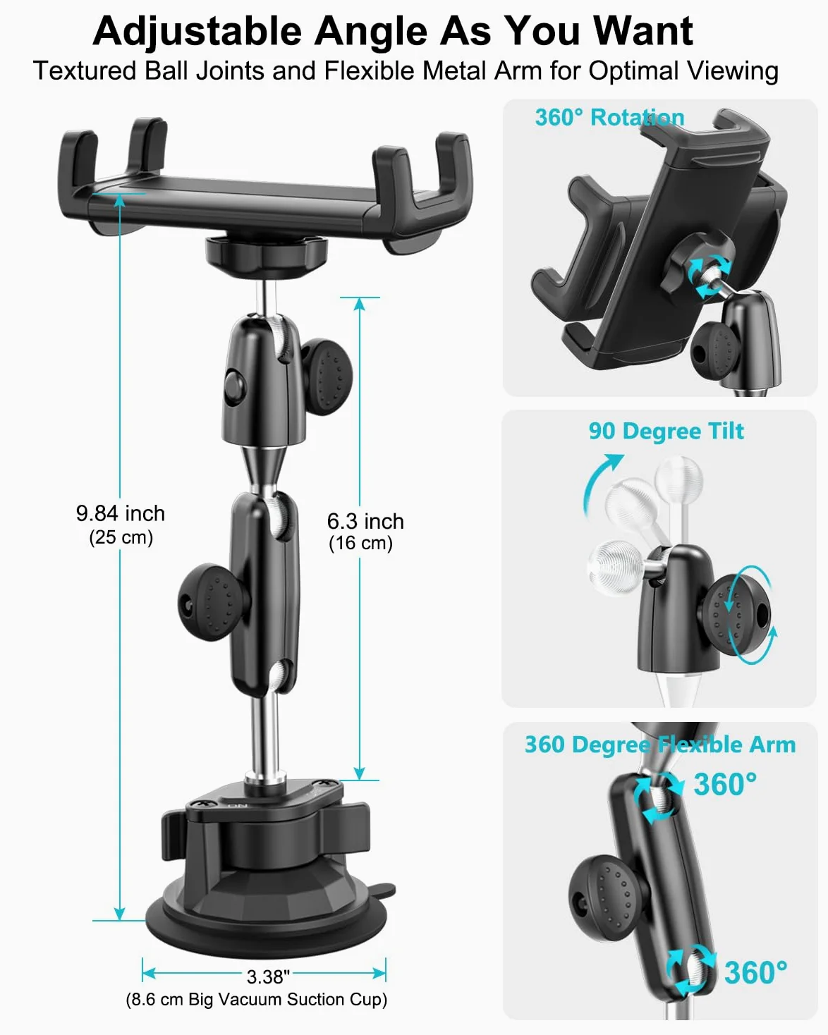 Support Tablette Pare-Brise Tracteur, Robuste Support Tablette Ventouse Tracteur Agricole, Bras Métallique Rotatif 360 degrés, Porte pour iPad Pro 12.9 11 Air Mini, Galaxy Tab, iPhone, 4 à 13"
