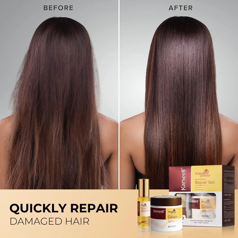 Karseell Collagen Masque Cheveux et Huile Cheveux, Maca Essence Set Réparation Cheveux Secs Abimés, 500ml + 50ml